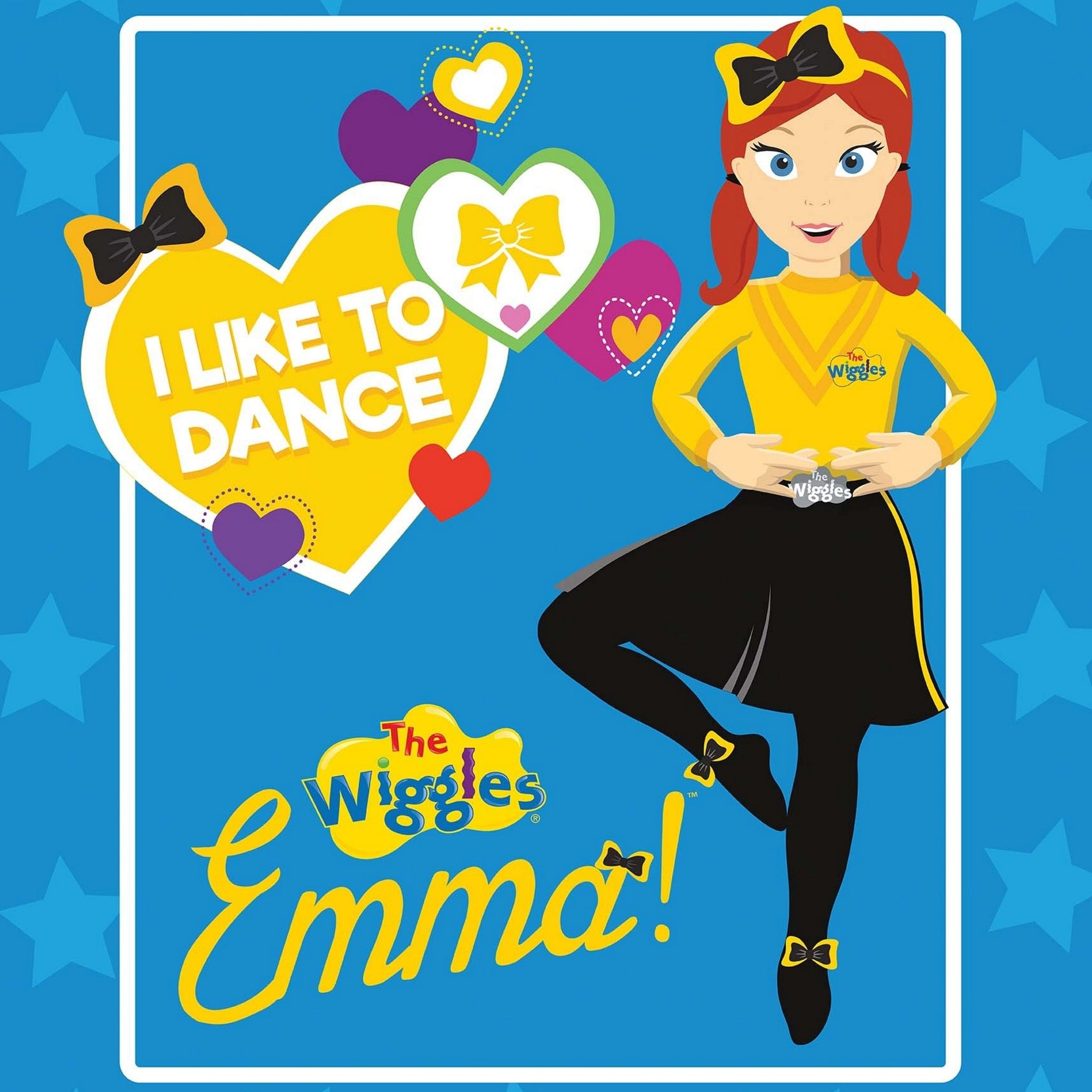 Emma Wiggle I Like To Dance panel blue yellow black costume hearts bows novelty kids quilting fabric children's quilts wall hangings Wiggles gifts