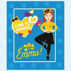 Emma Wiggle I Like To Dance panel blue yellow black costume hearts bows novelty kids quilting fabric children's quilts wall hangings Wiggles gifts