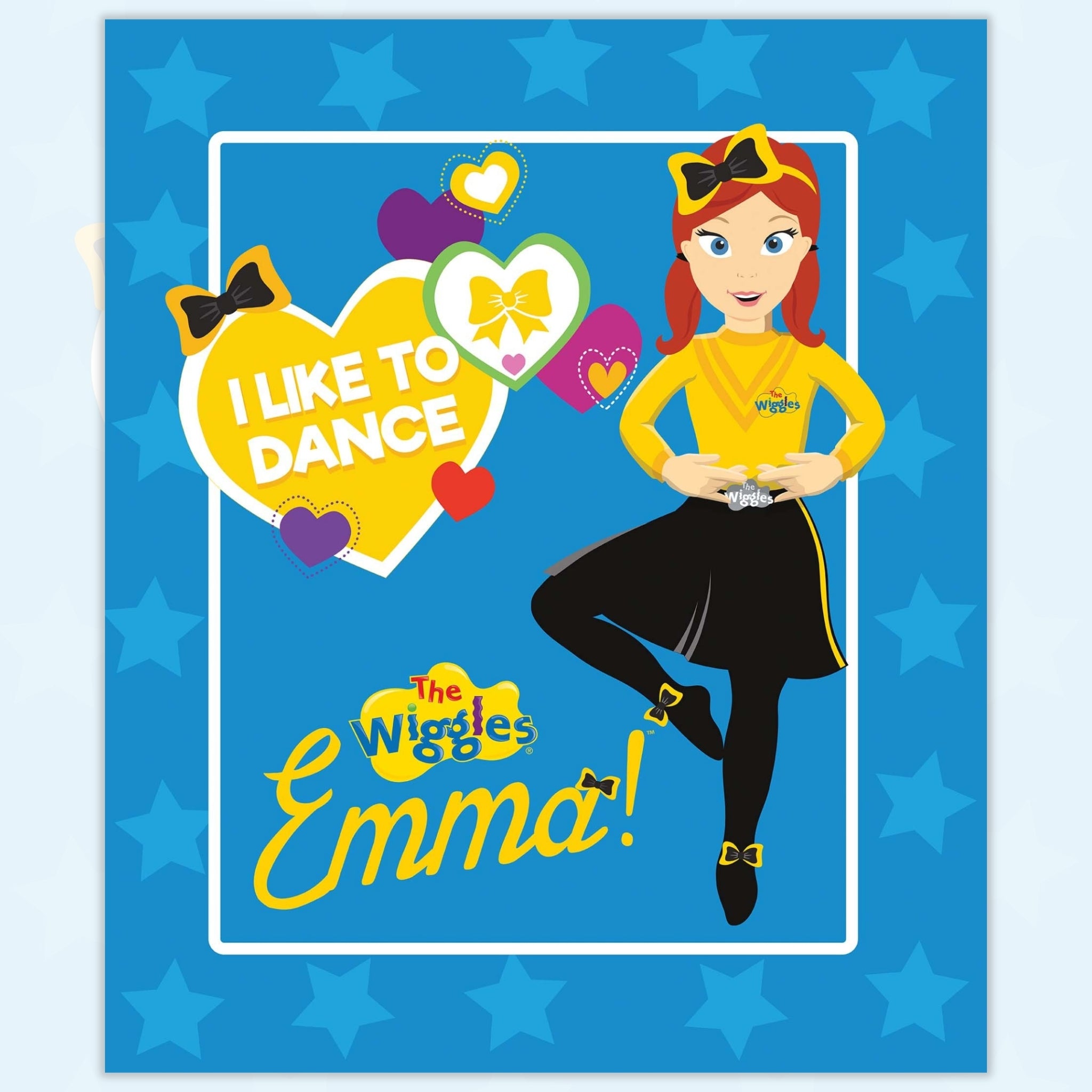 Emma Wiggle I Like To Dance panel blue yellow black costume hearts bows novelty kids quilting fabric children's quilts wall hangings Wiggles gifts