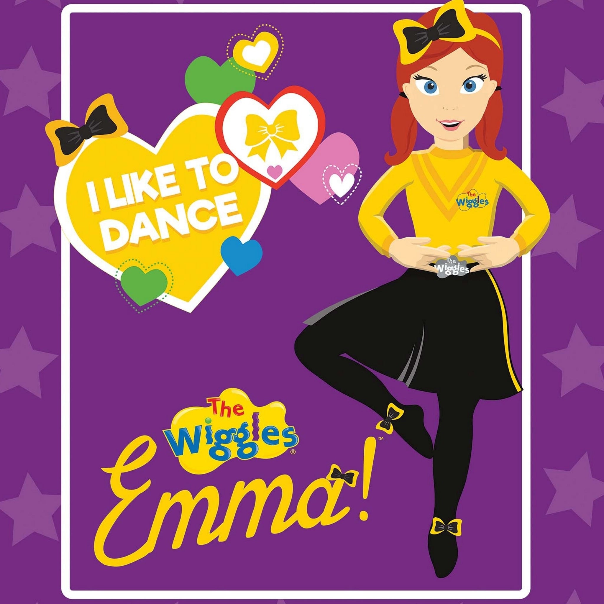 Emma Wiggle I Like To Dance panel purple yellow black costume hearts bows novelty kids quilting fabric children's quilts wall hangings Wiggles gifts