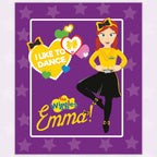 Emma Wiggle I Like To Dance panel purple yellow black costume hearts bows novelty kids quilting fabric children's quilts wall hangings Wiggles gifts