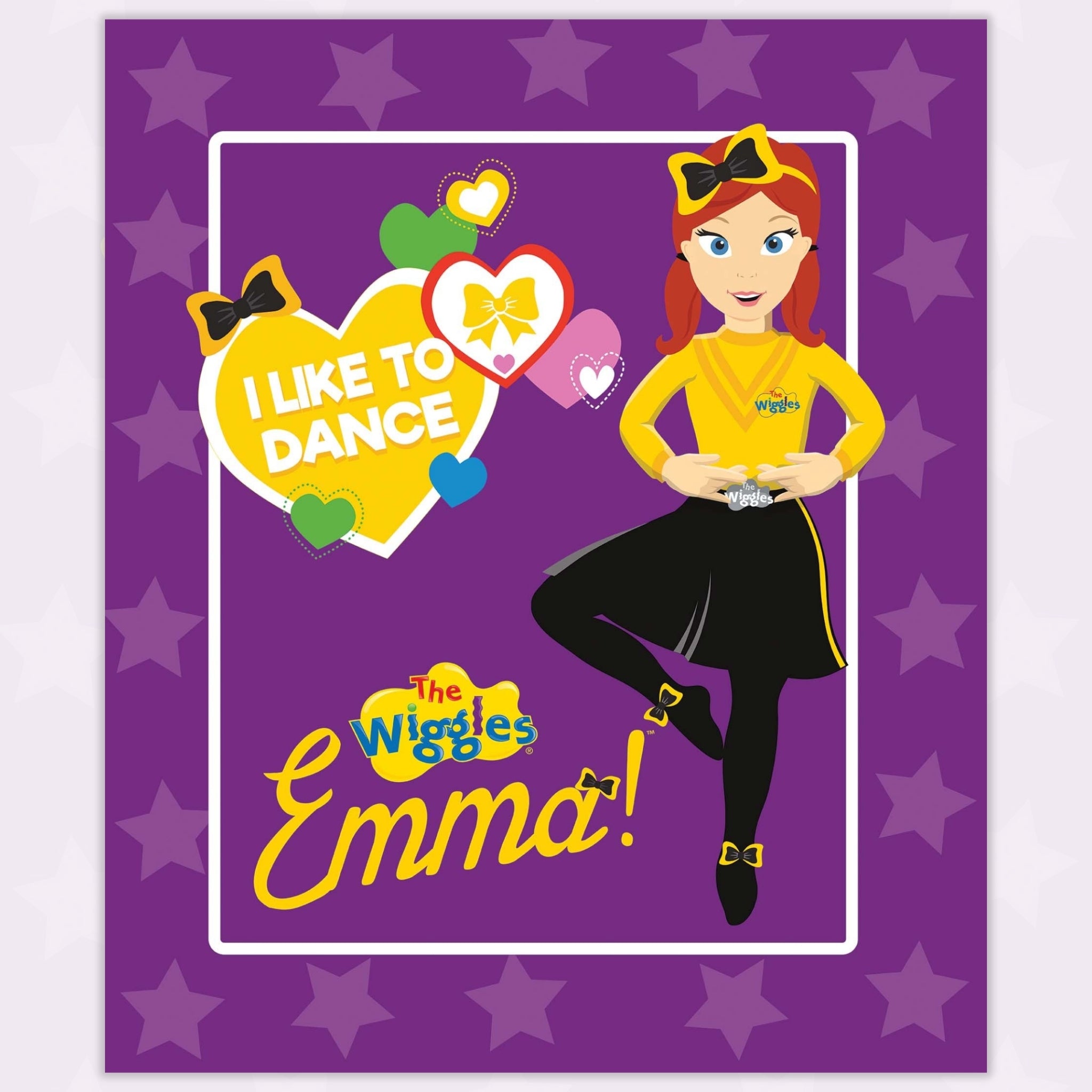 Emma Wiggle I Like To Dance panel purple yellow black costume hearts bows novelty kids quilting fabric children's quilts wall hangings Wiggles gifts