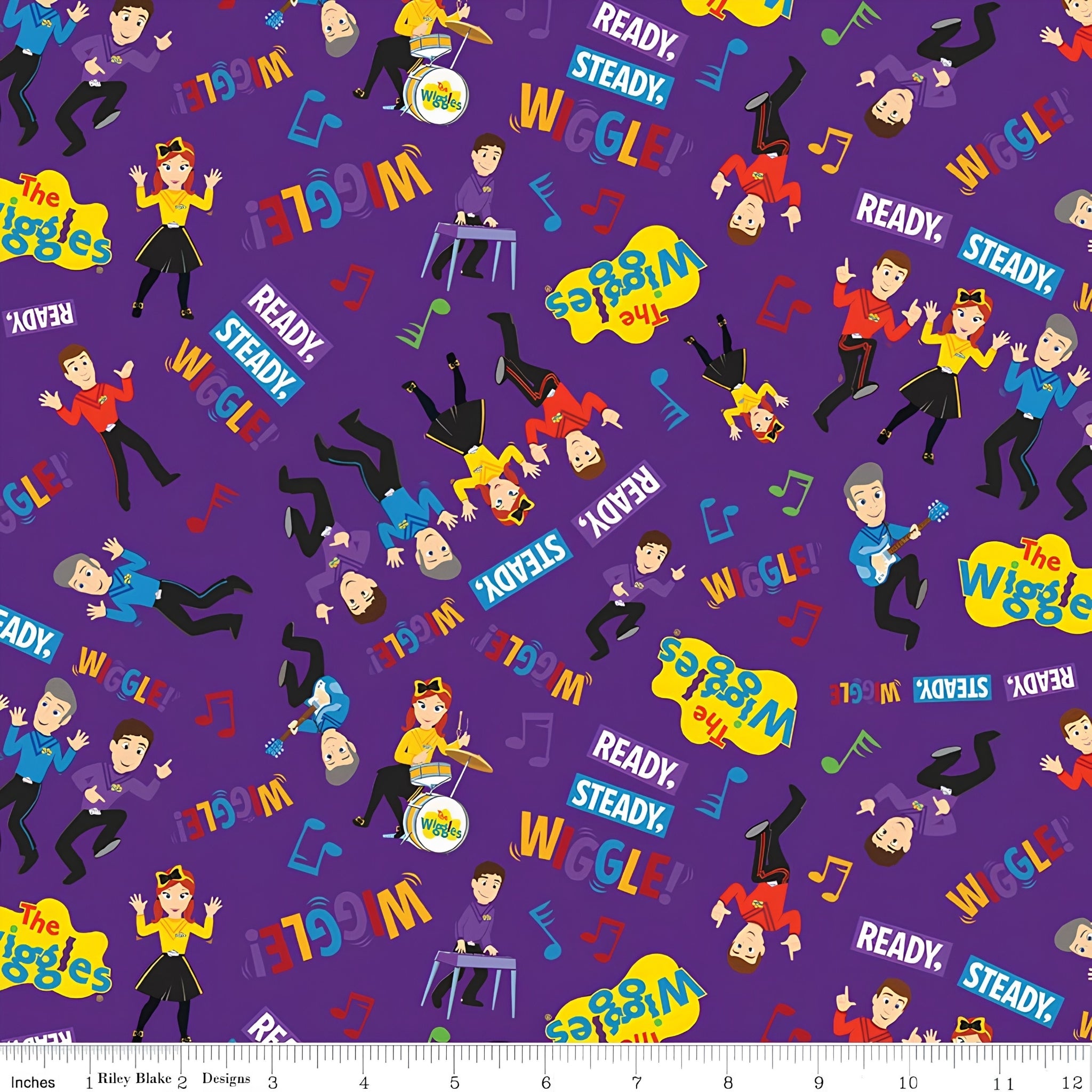 The Wiggles Emma Anthony Lachy Simon dancing guitar drums keyboards purple novelty kids quilting fabric children's quilts Wiggles gifts patchwork projects