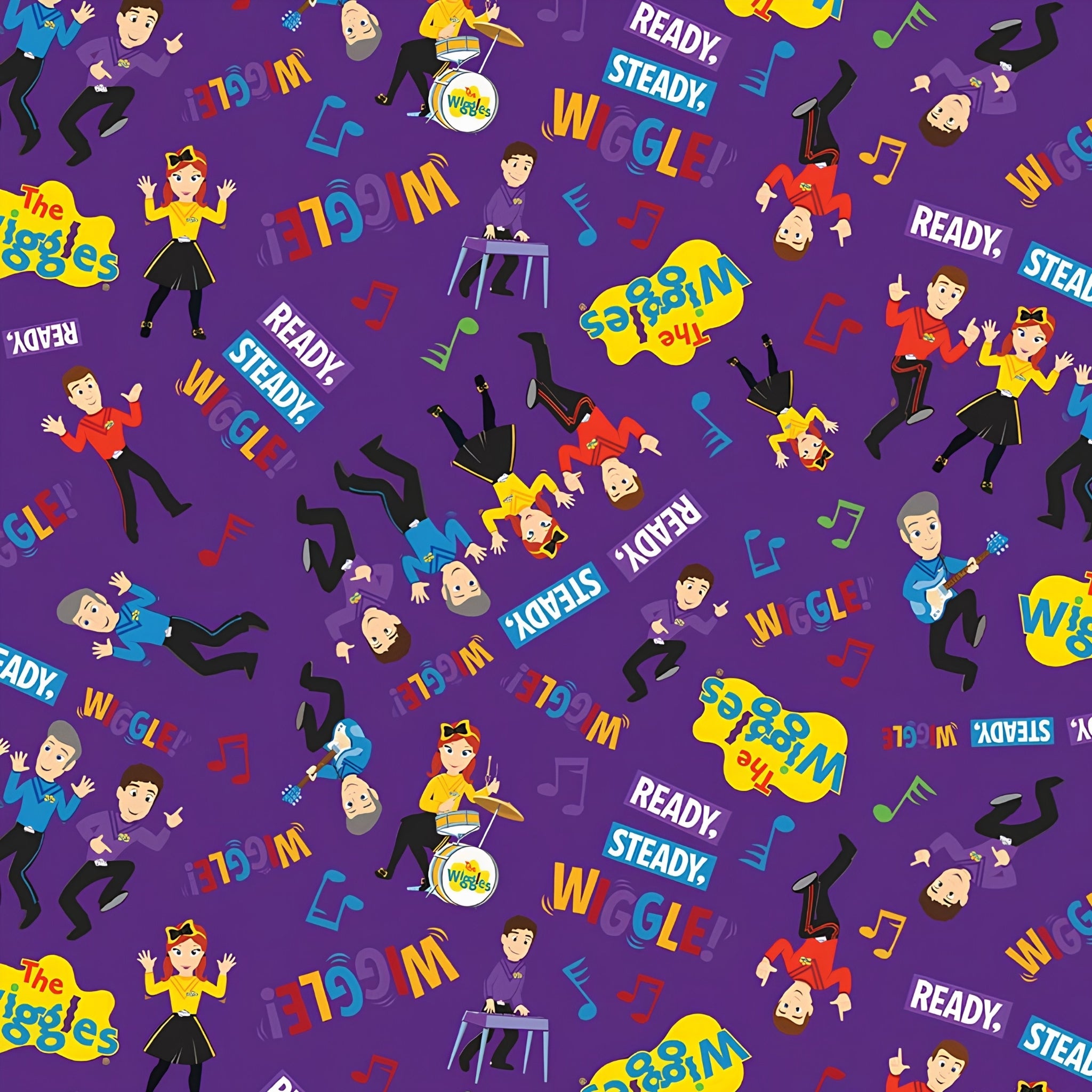The Wiggles Emma Anthony Lachy Simon dancing guitar drums keyboards purple novelty kids quilting fabric children's quilts Wiggles gifts patchwork projects