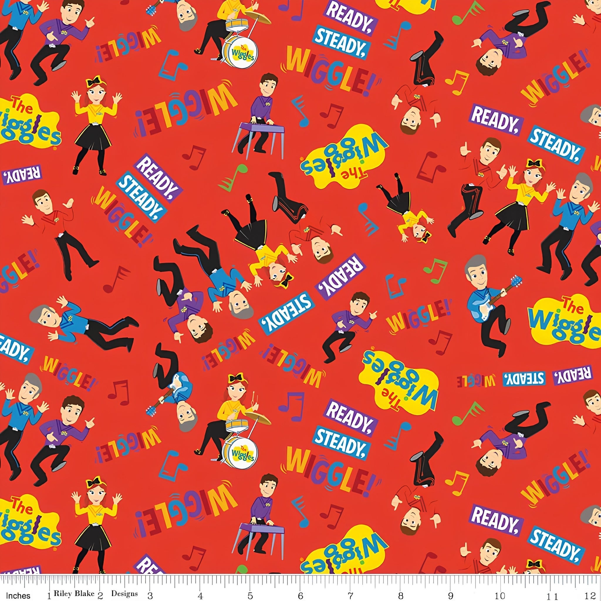 The Wiggles Emma Anthony Lachy Simon dancing guitar drums keyboards red novelty kids quilting fabric children's quilts Wiggles gifts patchwork projects