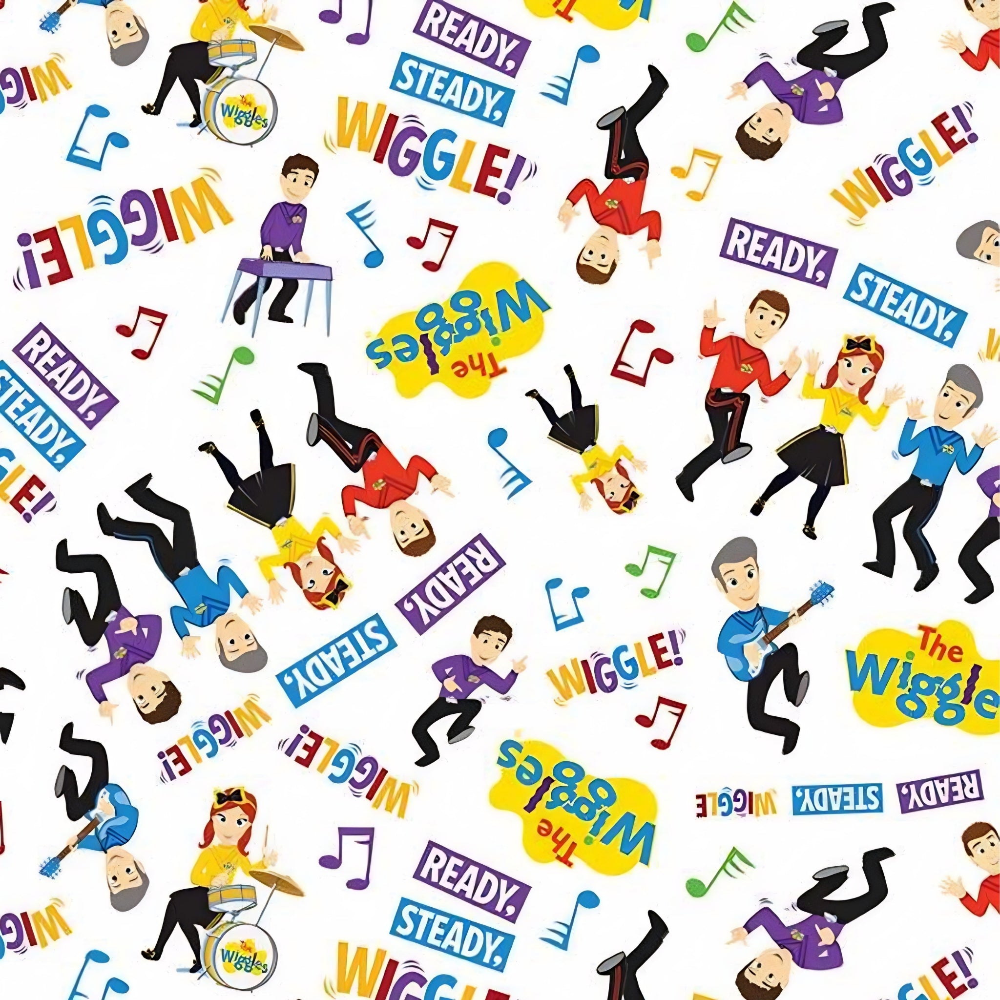 The Wiggles Emma Anthony Lachy Simon dancing guitar drums keyboards white novelty kids quilting fabric children's quilts Wiggles gifts patchwork projects
