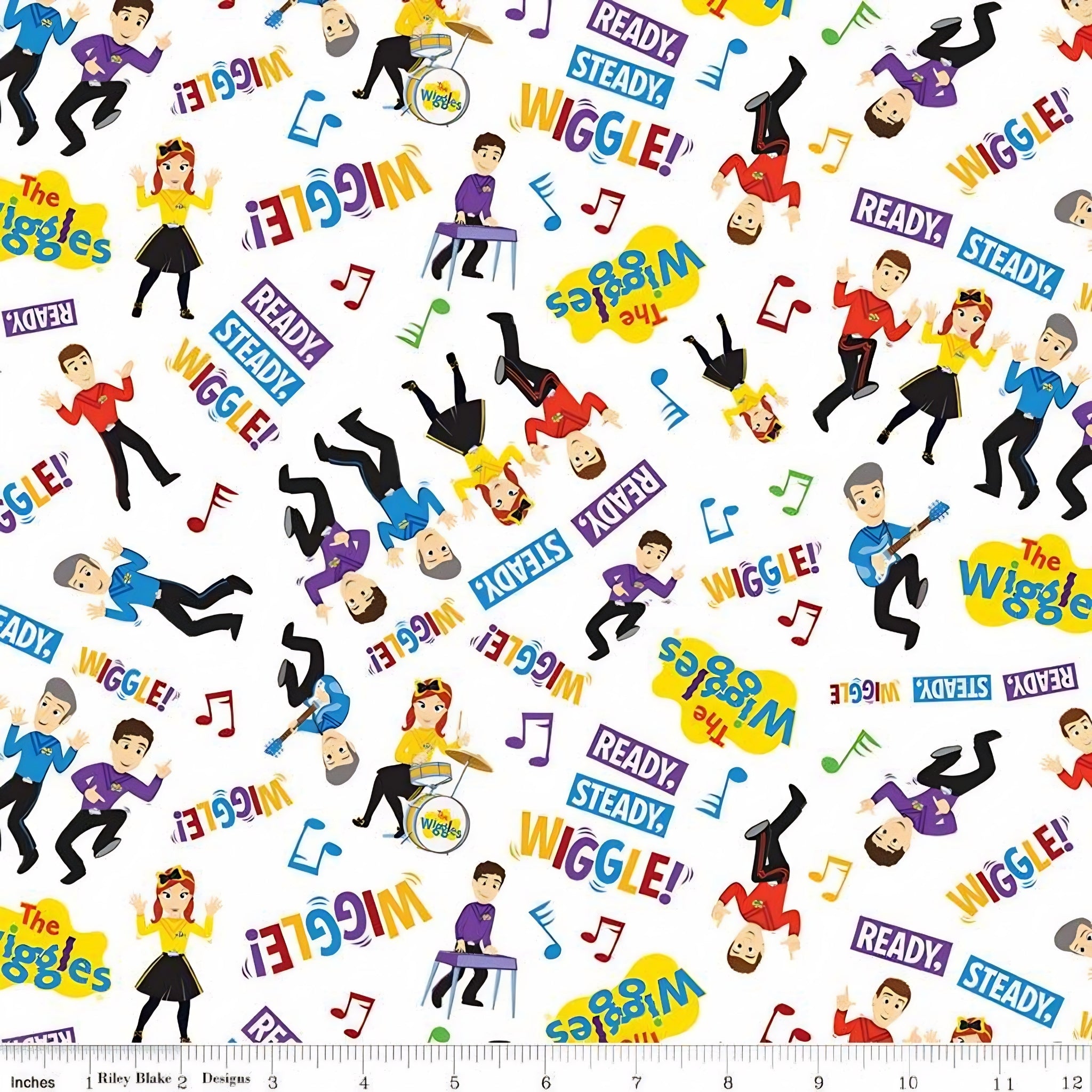 The Wiggles Emma Anthony Lachy Simon dancing guitar drums keyboards white novelty kids quilting fabric children's quilts Wiggles gifts patchwork projects