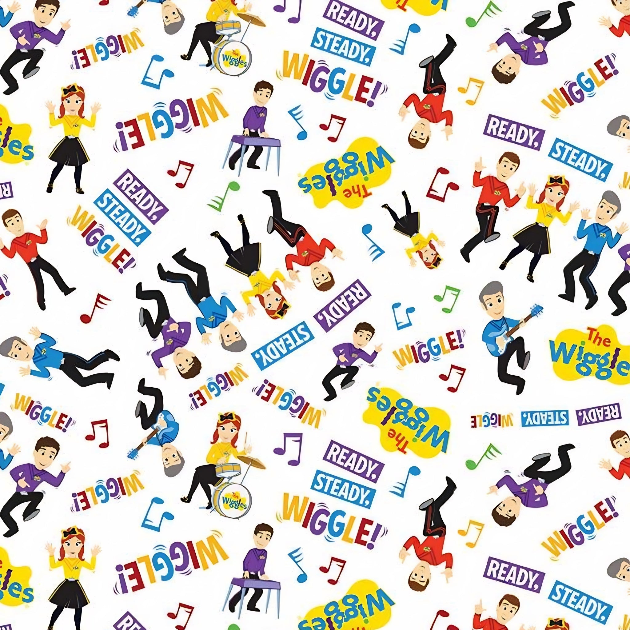The Wiggles Emma Anthony Lachy Simon dancing guitar drums keyboards white novelty kids quilting fabric children's quilts Wiggles gifts patchwork projects