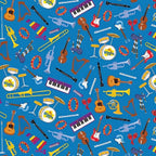 Wiggles musical instruments guitars trumpets keyboards drums harps violins blue novelty kids music quilting fabric children's quilts music gifts patchwork projects
