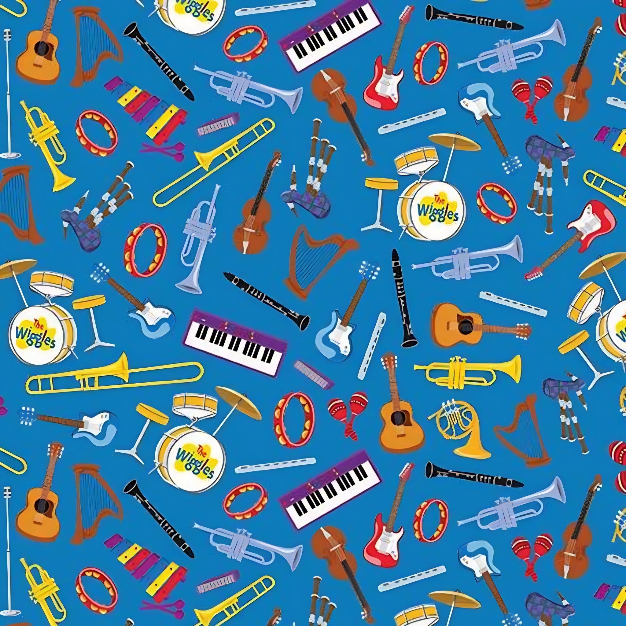 Wiggles musical instruments guitars trumpets keyboards drums harps violins blue novelty kids music quilting fabric children's quilts music gifts patchwork projects