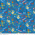 Wiggles musical instruments guitars trumpets keyboards drums harps violins blue novelty kids music quilting fabric children's quilts music gifts patchwork projects