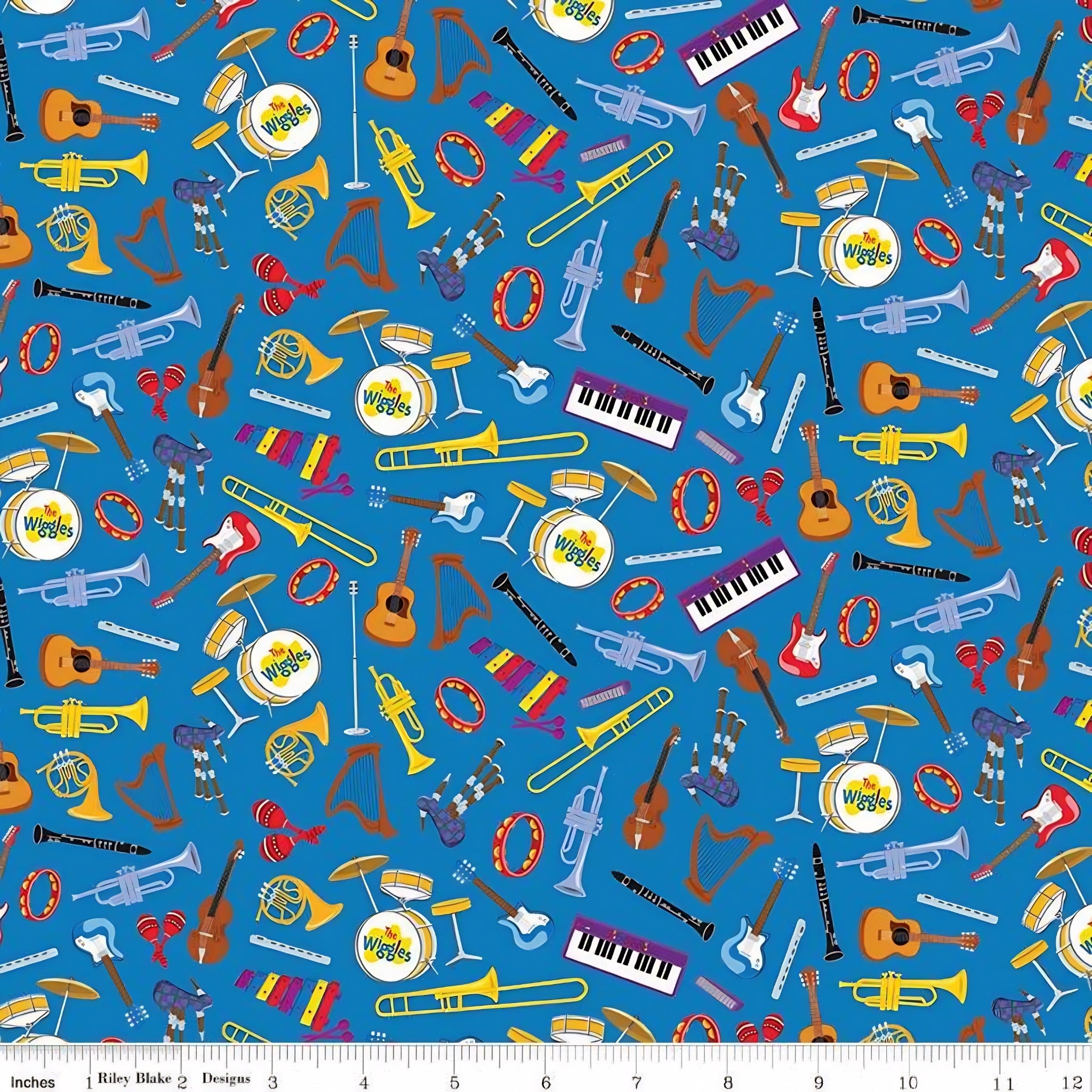 Wiggles musical instruments guitars trumpets keyboards drums harps violins blue novelty kids music quilting fabric children's quilts music gifts patchwork projects
