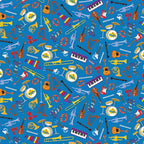 Wiggles musical instruments guitars trumpets keyboards drums harps violins blue novelty kids music quilting fabric children's quilts music gifts patchwork projects