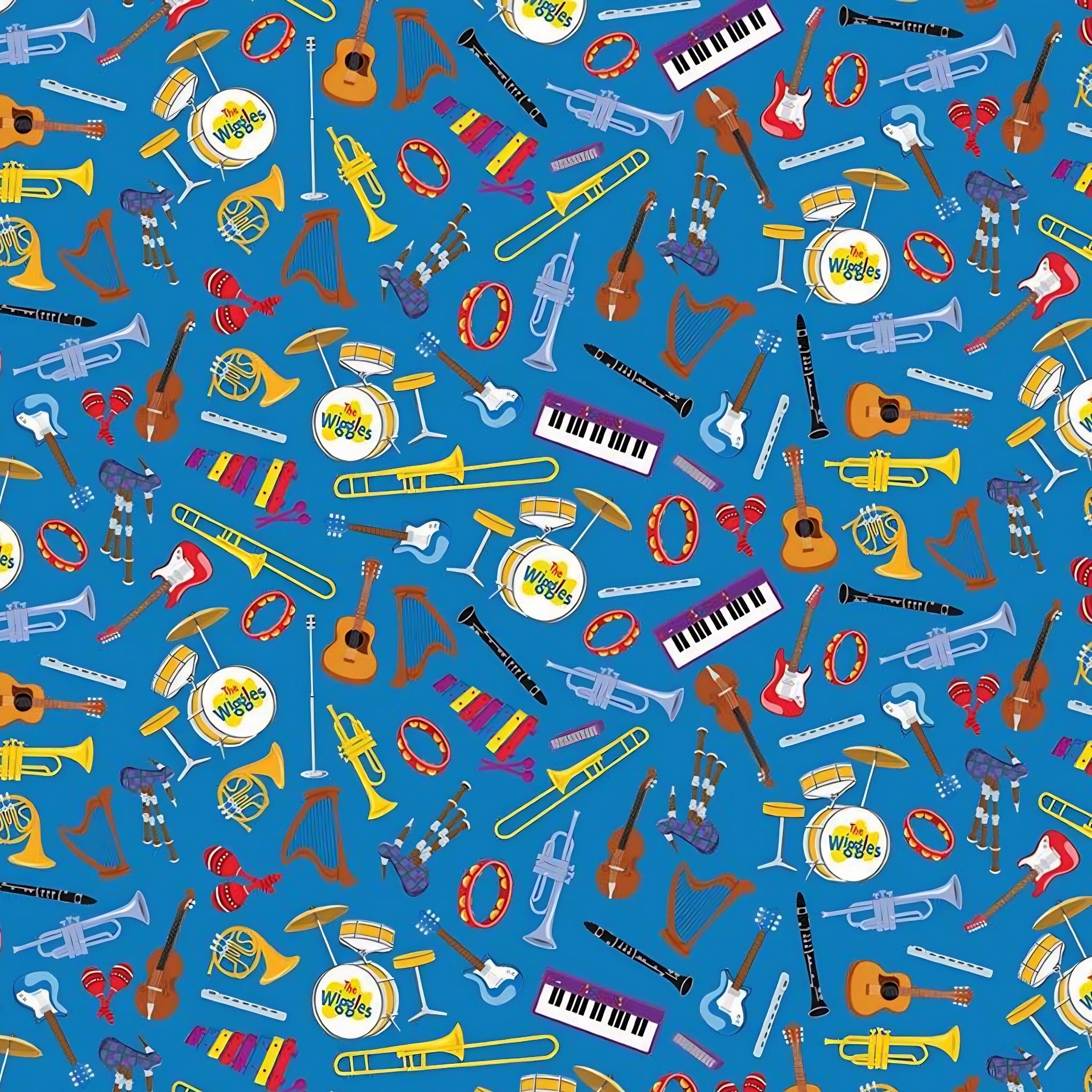 Wiggles musical instruments guitars trumpets keyboards drums harps violins blue novelty kids music quilting fabric children's quilts music gifts patchwork projects