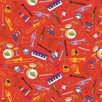 Wiggles musical instruments guitars trumpets keyboards drums harps violins red novelty kids music quilting fabric children's quilts music gifts patchwork projects