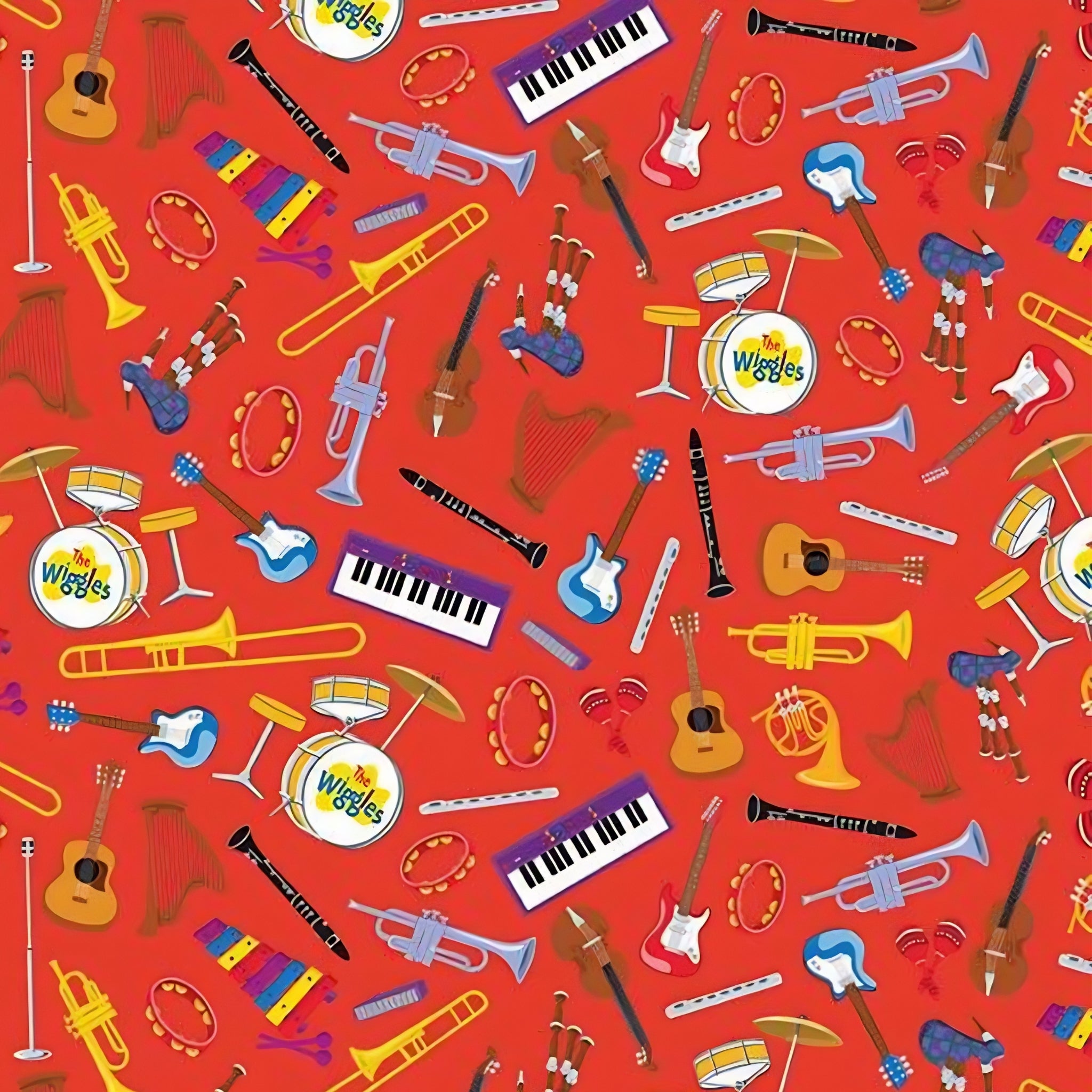Wiggles musical instruments guitars trumpets keyboards drums harps violins red novelty kids music quilting fabric children's quilts music gifts patchwork projects