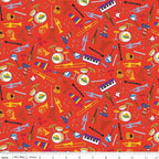Wiggles musical instruments guitars trumpets keyboards drums harps violins red novelty kids music quilting fabric children's quilts music gifts patchwork projects