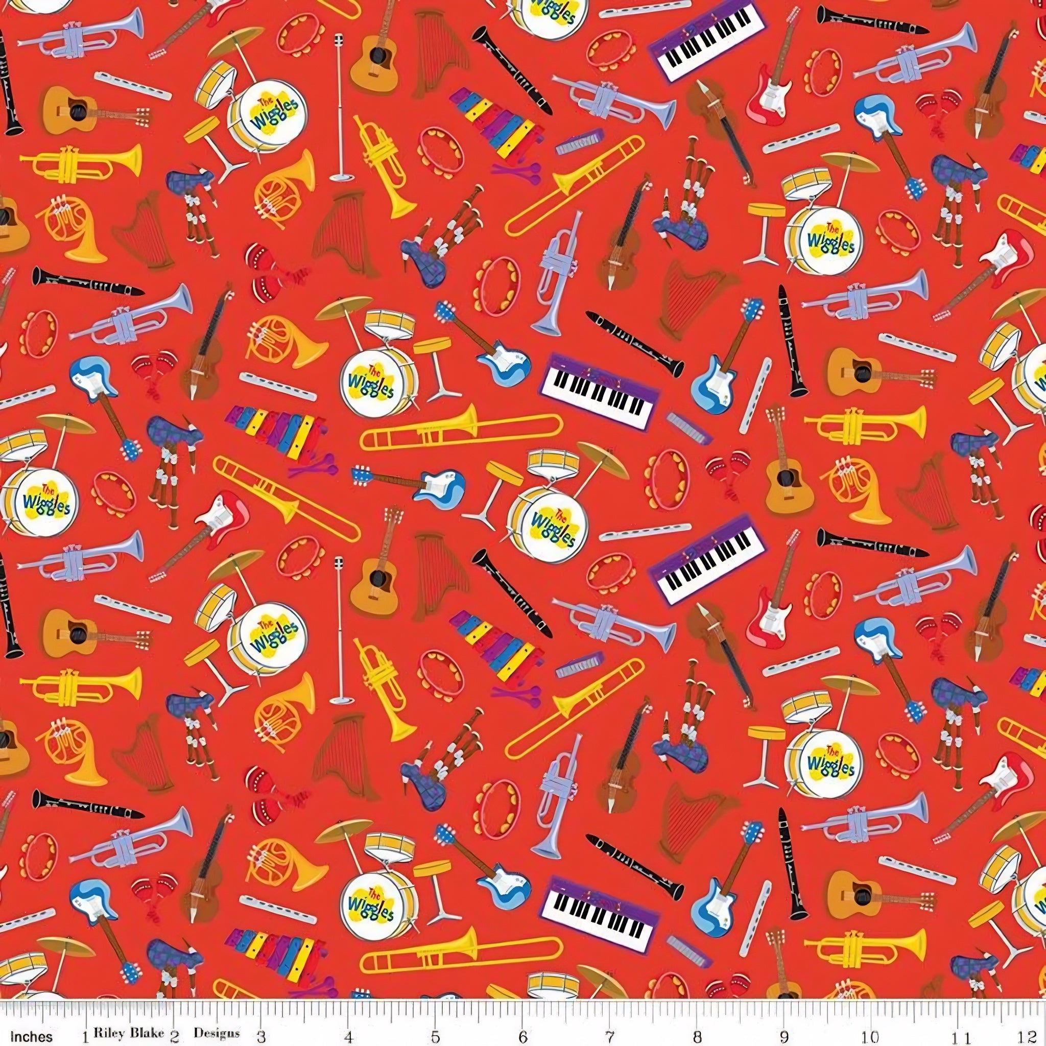 Wiggles musical instruments guitars trumpets keyboards drums harps violins red novelty kids music quilting fabric children's quilts music gifts patchwork projects