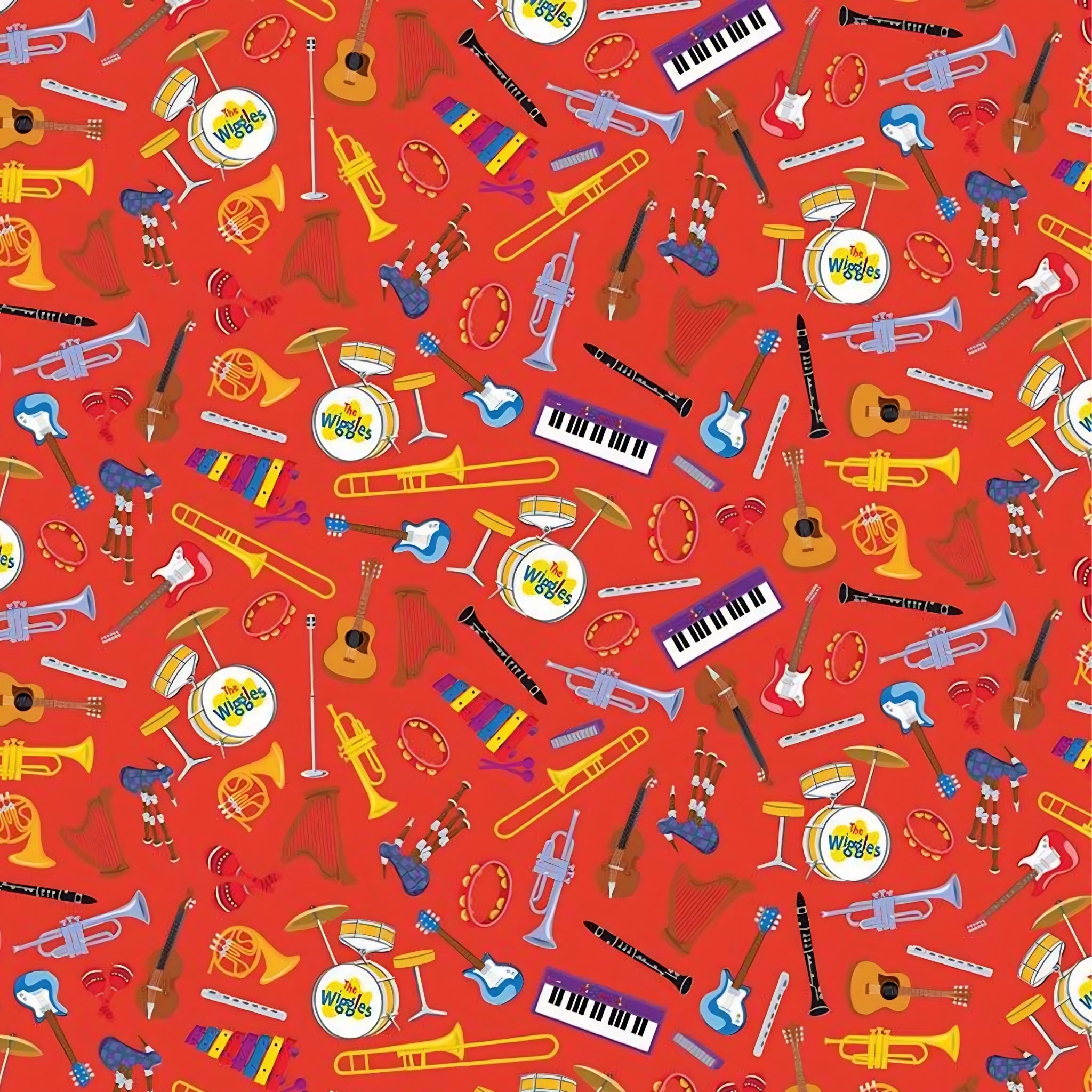 Wiggles musical instruments guitars trumpets keyboards drums harps violins red novelty kids music quilting fabric children's quilts music gifts patchwork projects
