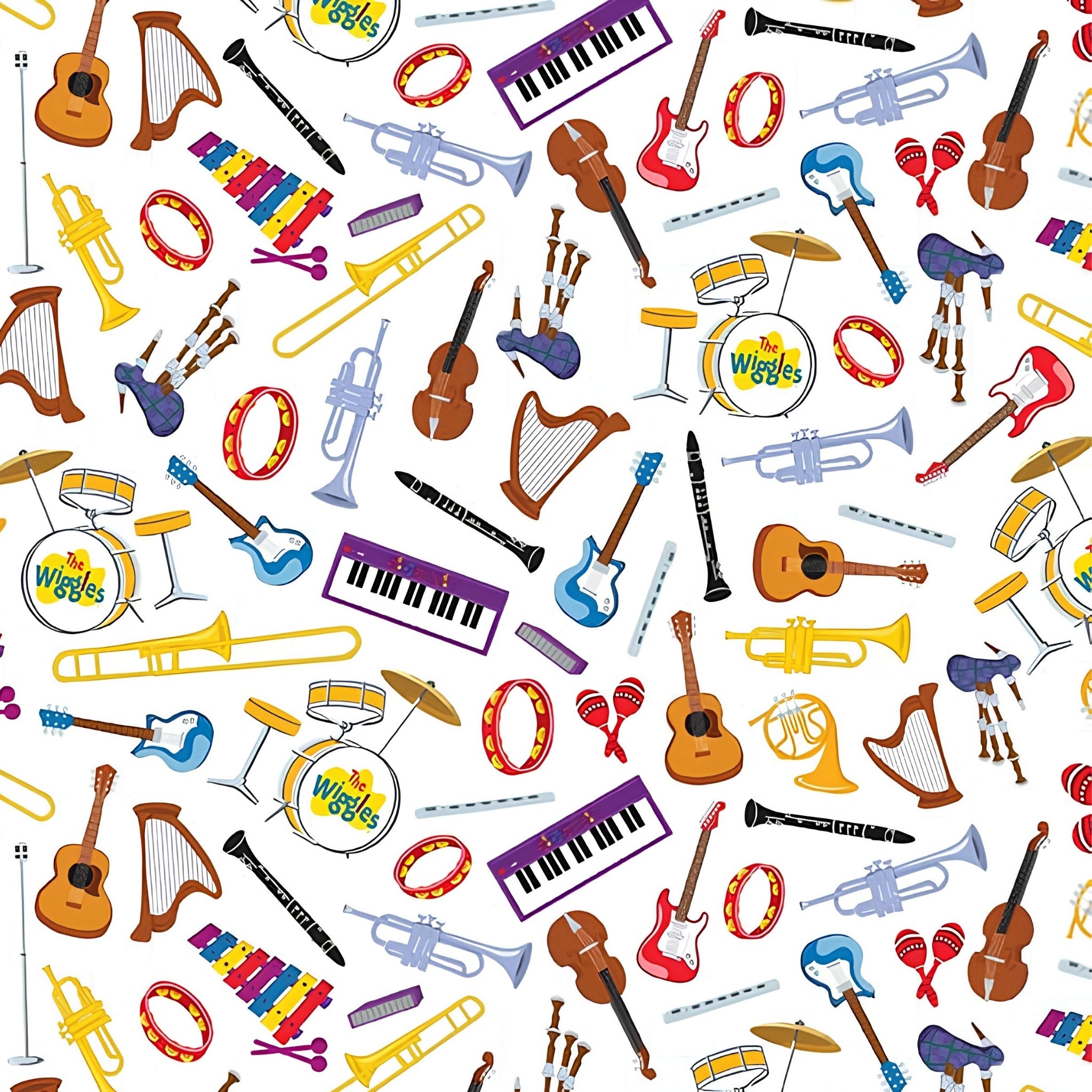 Wiggles musical instruments guitars trumpets keyboards drums harps violins white novelty kids music quilting fabric children's quilts music gifts patchwork projects