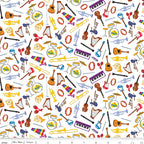 Wiggles musical instruments guitars trumpets keyboards drums harps violins white novelty kids music quilting fabric children's quilts music gifts patchwork projects