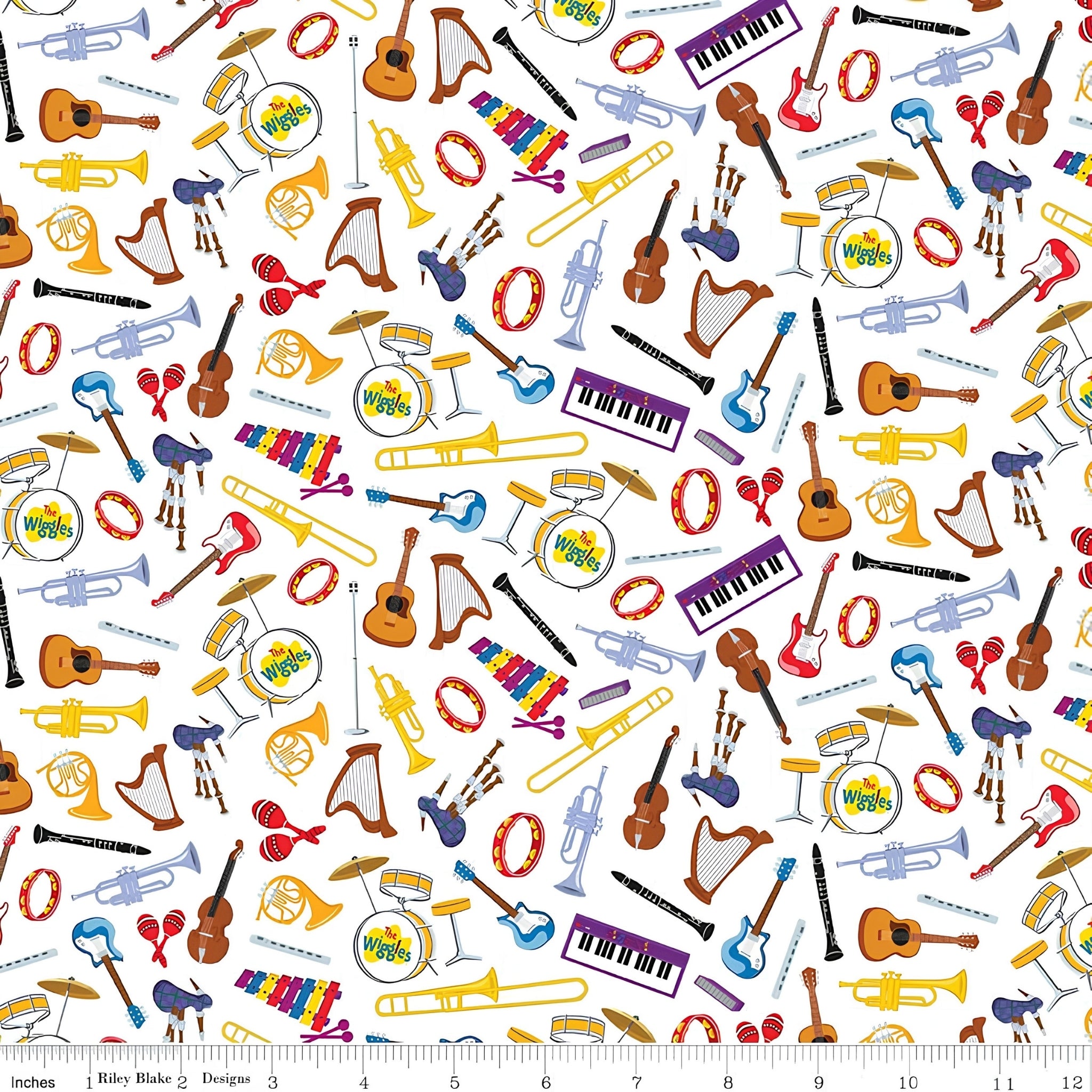 Wiggles musical instruments guitars trumpets keyboards drums harps violins white novelty kids music quilting fabric children's quilts music gifts patchwork projects