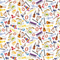 Wiggles musical instruments guitars trumpets keyboards drums harps violins white novelty kids music quilting fabric children's quilts music gifts patchwork projects