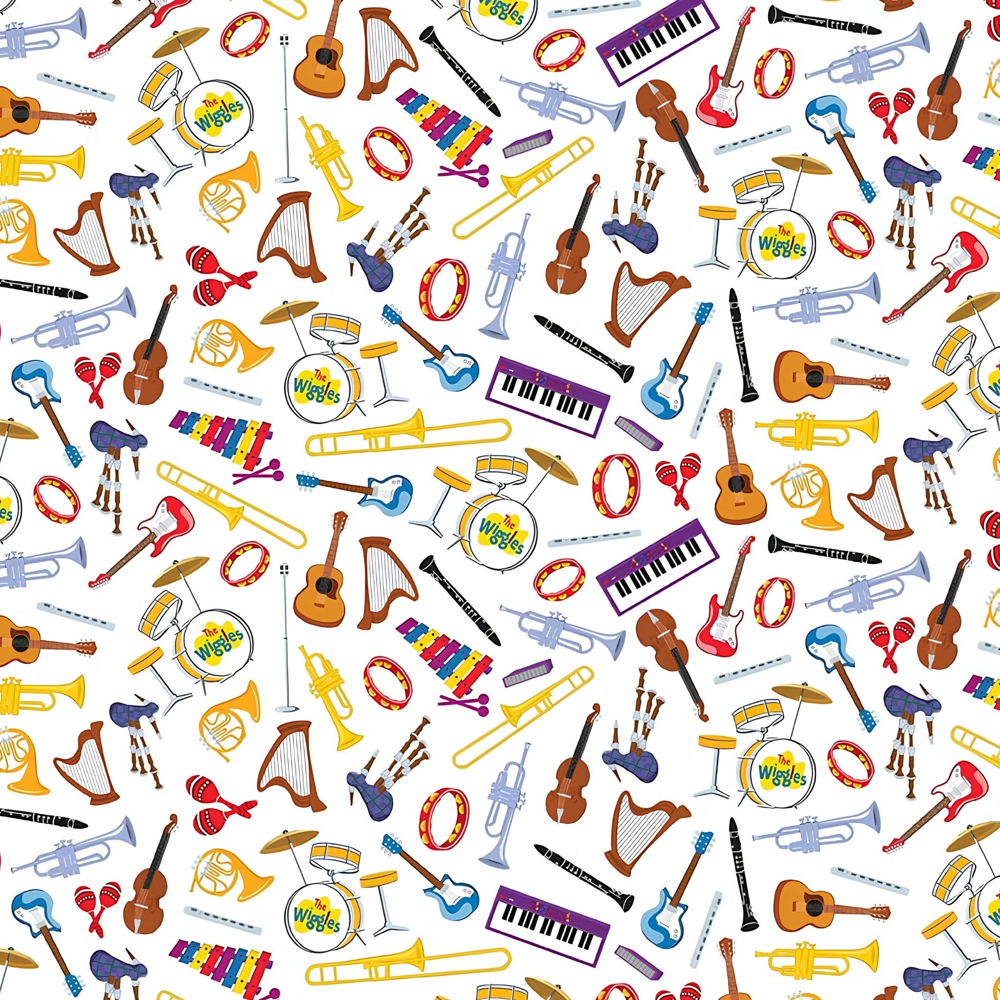 Wiggles musical instruments guitars trumpets keyboards drums harps violins white novelty kids music quilting fabric children's quilts music gifts patchwork projects