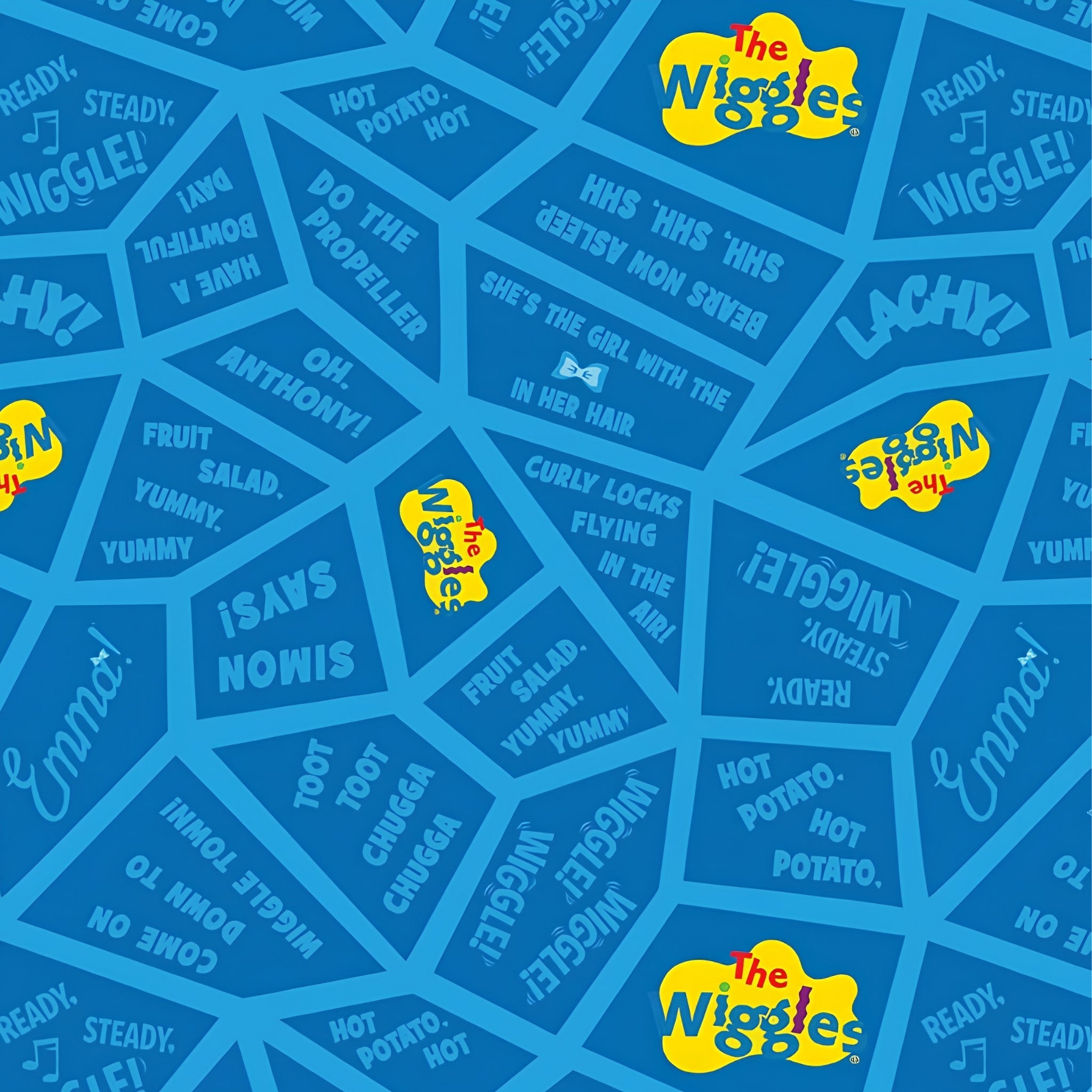 Wiggles song lyrics Fruit Salad Hot Potato Toot Toot Chugga Chugga tonal blue novelty kids quilting fabric children's quilts quilt backing patchwork projects
