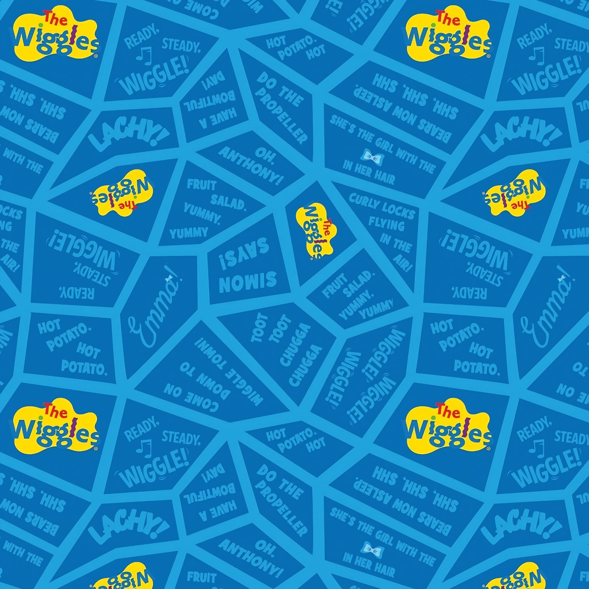 Wiggles song lyrics Fruit Salad Hot Potato Toot Toot Chugga Chugga tonal blue novelty kids quilting fabric children's quilts quilt backing patchwork projects