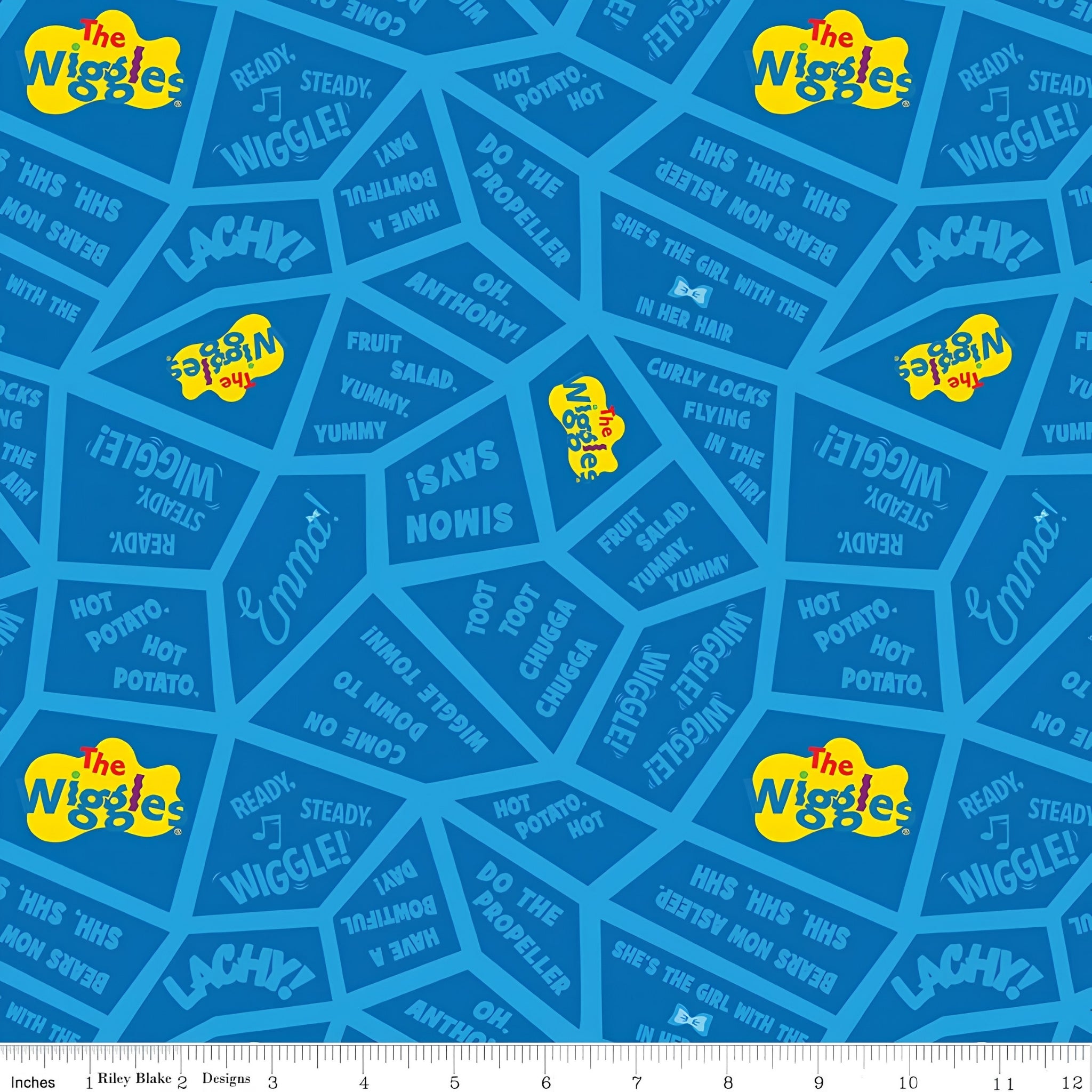 Wiggles song lyrics Fruit Salad Hot Potato Toot Toot Chugga Chugga tonal blue novelty kids quilting fabric children's quilts quilt backing patchwork projects