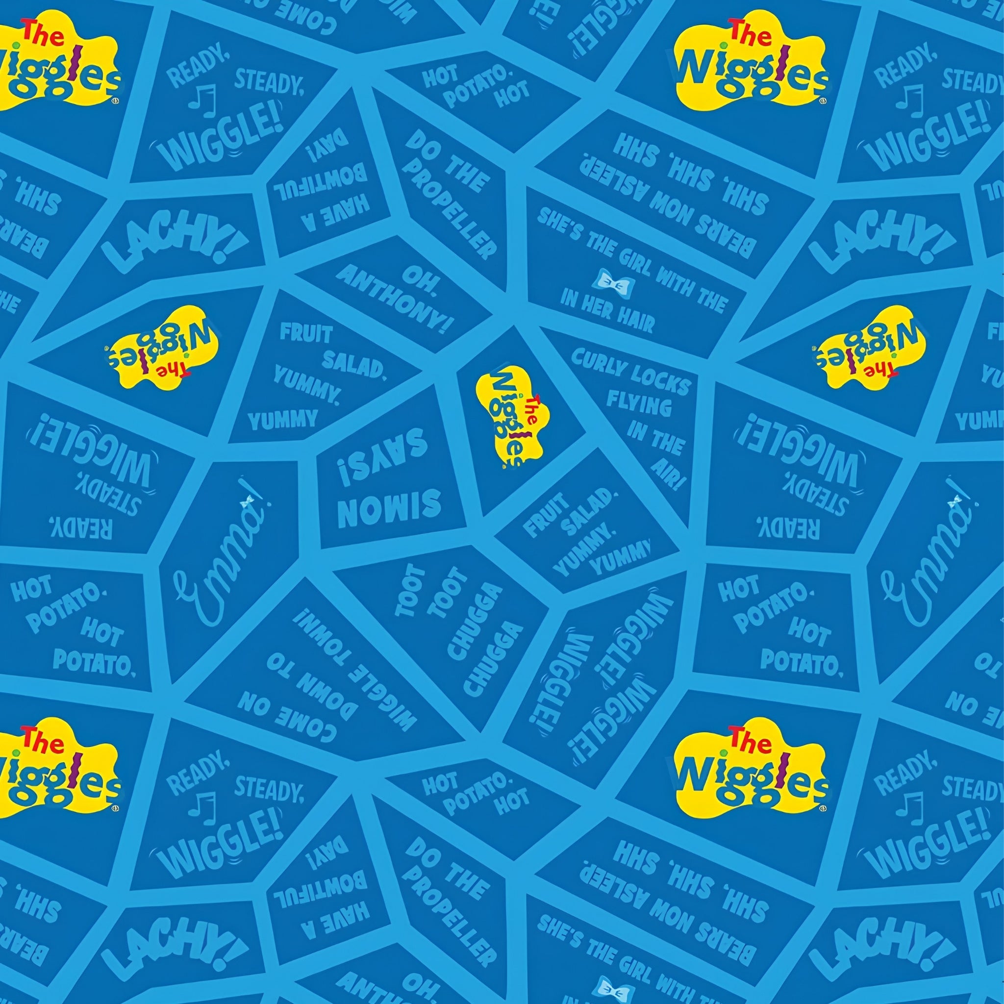 Wiggles song lyrics Fruit Salad Hot Potato Toot Toot Chugga Chugga tonal blue novelty kids quilting fabric children's quilts quilt backing patchwork projects