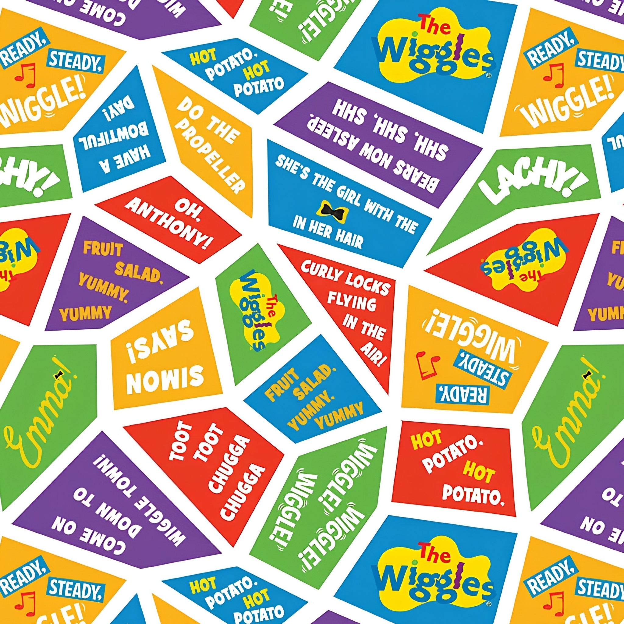 Wiggles song lyrics Fruit Salad Hot Potato Toot Toot Chugga Chugga multicolour red blue green orange purple novelty kids quilting fabric children's quilts quilt backing patchwork projects