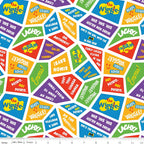 Wiggles song lyrics Fruit Salad Hot Potato Toot Toot Chugga Chugga multicolour red blue green orange purple novelty kids quilting fabric children's quilts quilt backing patchwork projects