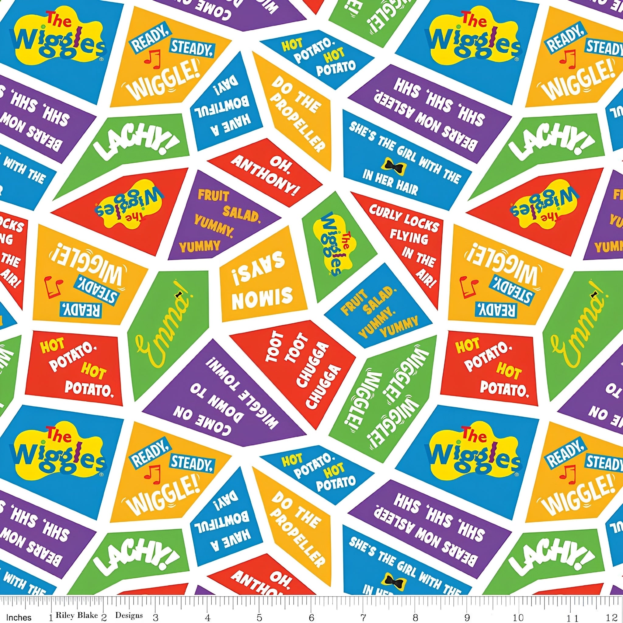 Wiggles song lyrics Fruit Salad Hot Potato Toot Toot Chugga Chugga multicolour red blue green orange purple novelty kids quilting fabric children's quilts quilt backing patchwork projects