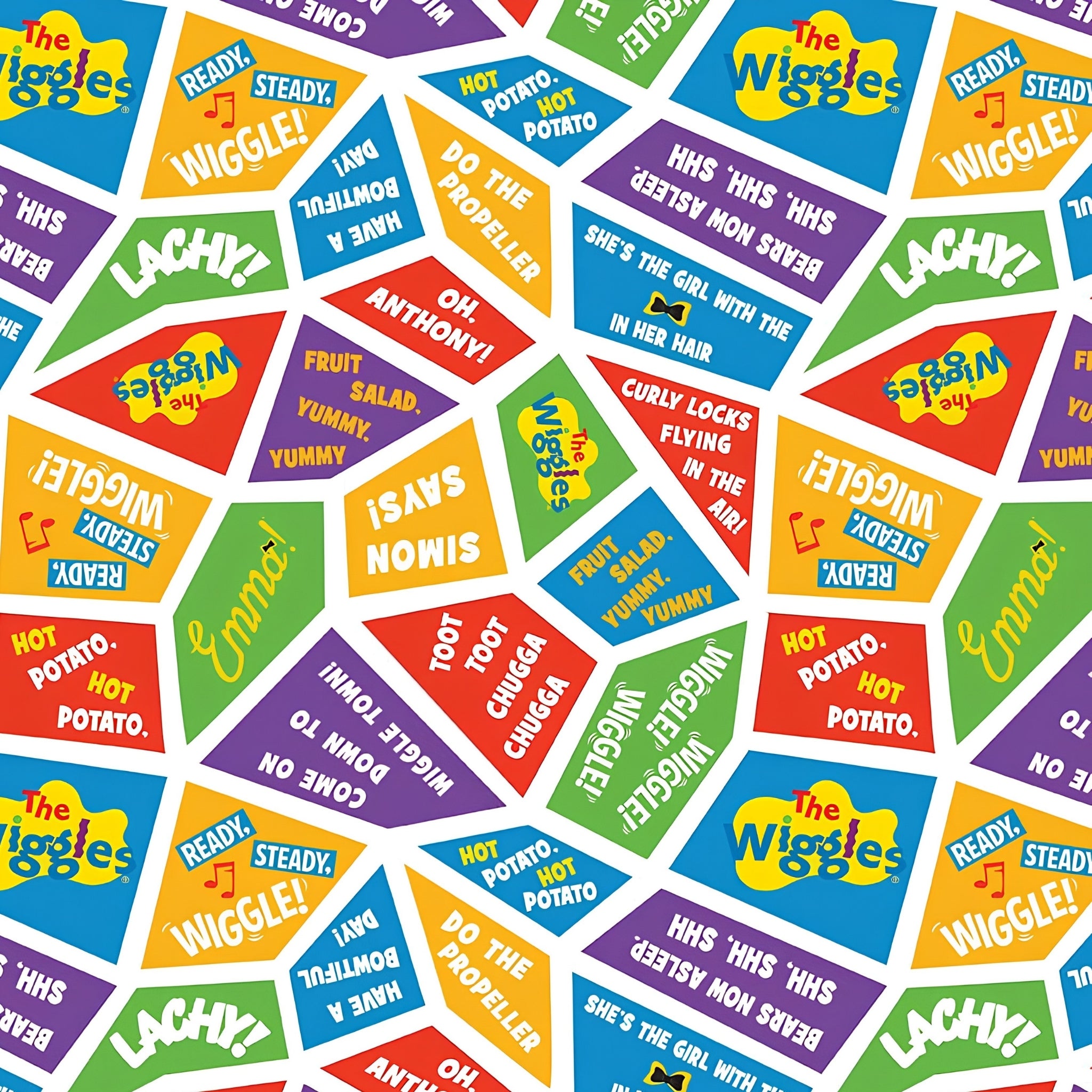 Wiggles song lyrics Fruit Salad Hot Potato Toot Toot Chugga Chugga multicolour red blue green orange purple novelty kids quilting fabric children's quilts quilt backing patchwork projects