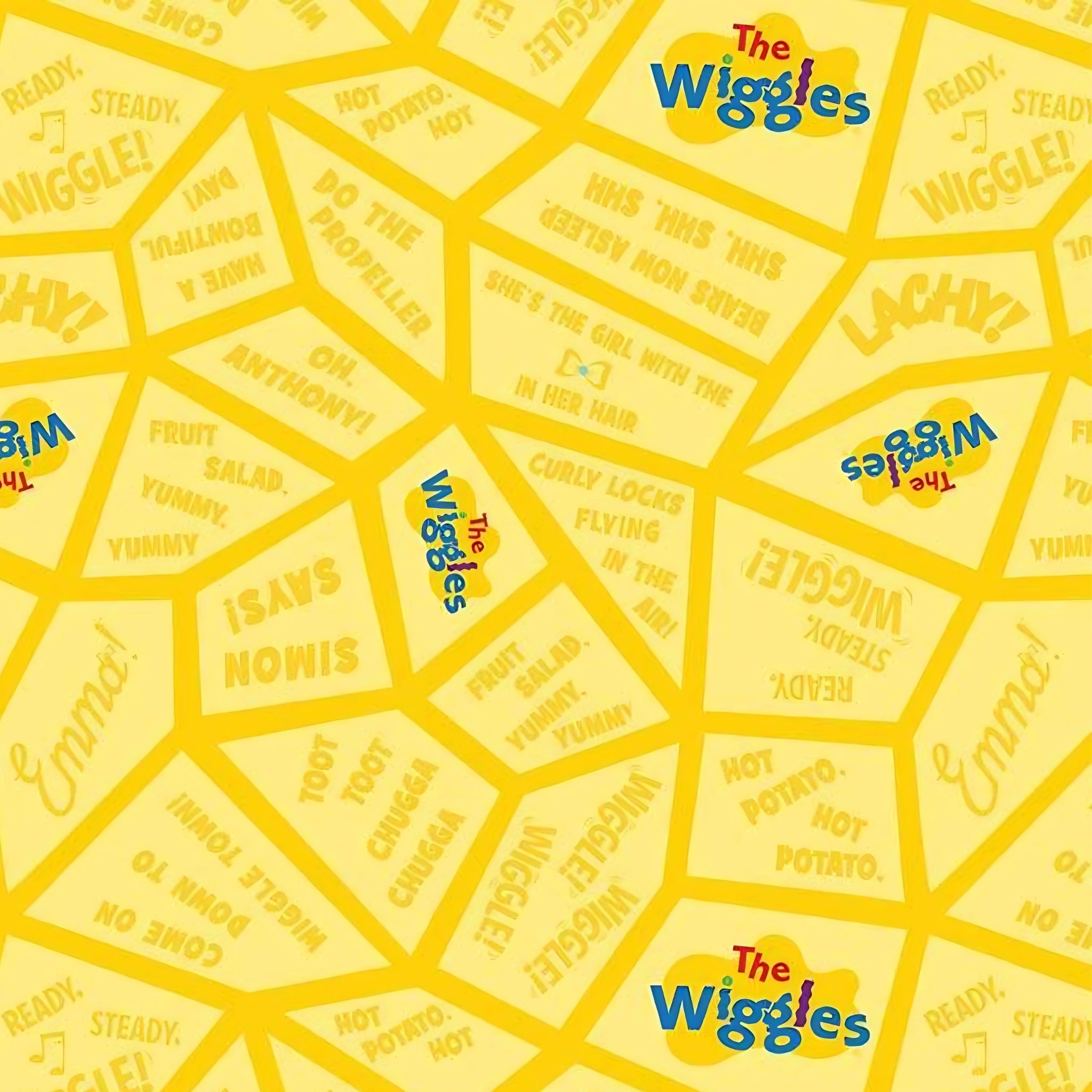 Wiggles song lyrics Fruit Salad Hot Potato Toot Toot Chugga Chugga tonal yellow novelty kids quilting fabric children's quilts quilt backing patchwork projects