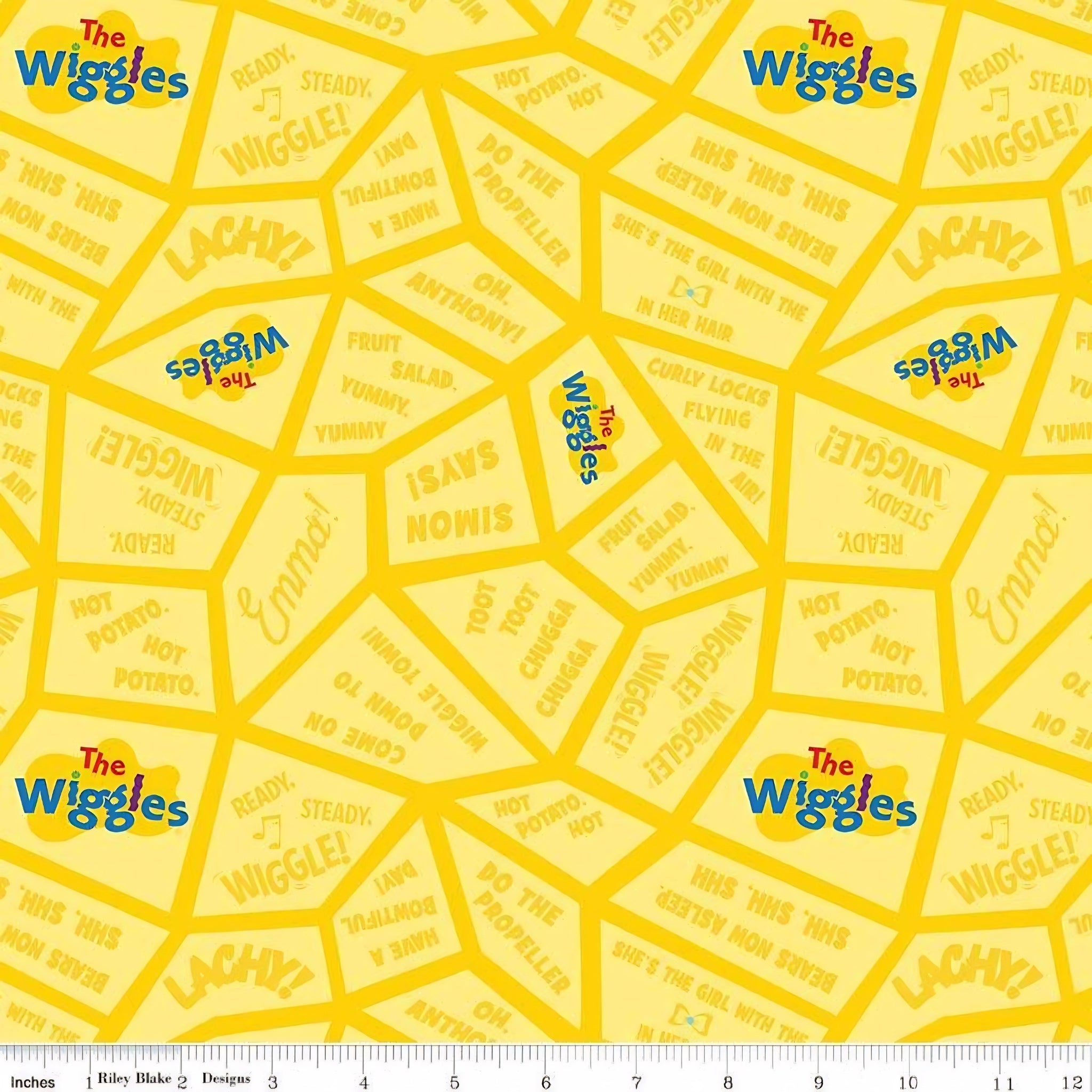 Wiggles song lyrics Fruit Salad Hot Potato Toot Toot Chugga Chugga tonal yellow novelty kids quilting fabric children's quilts quilt backing patchwork projects