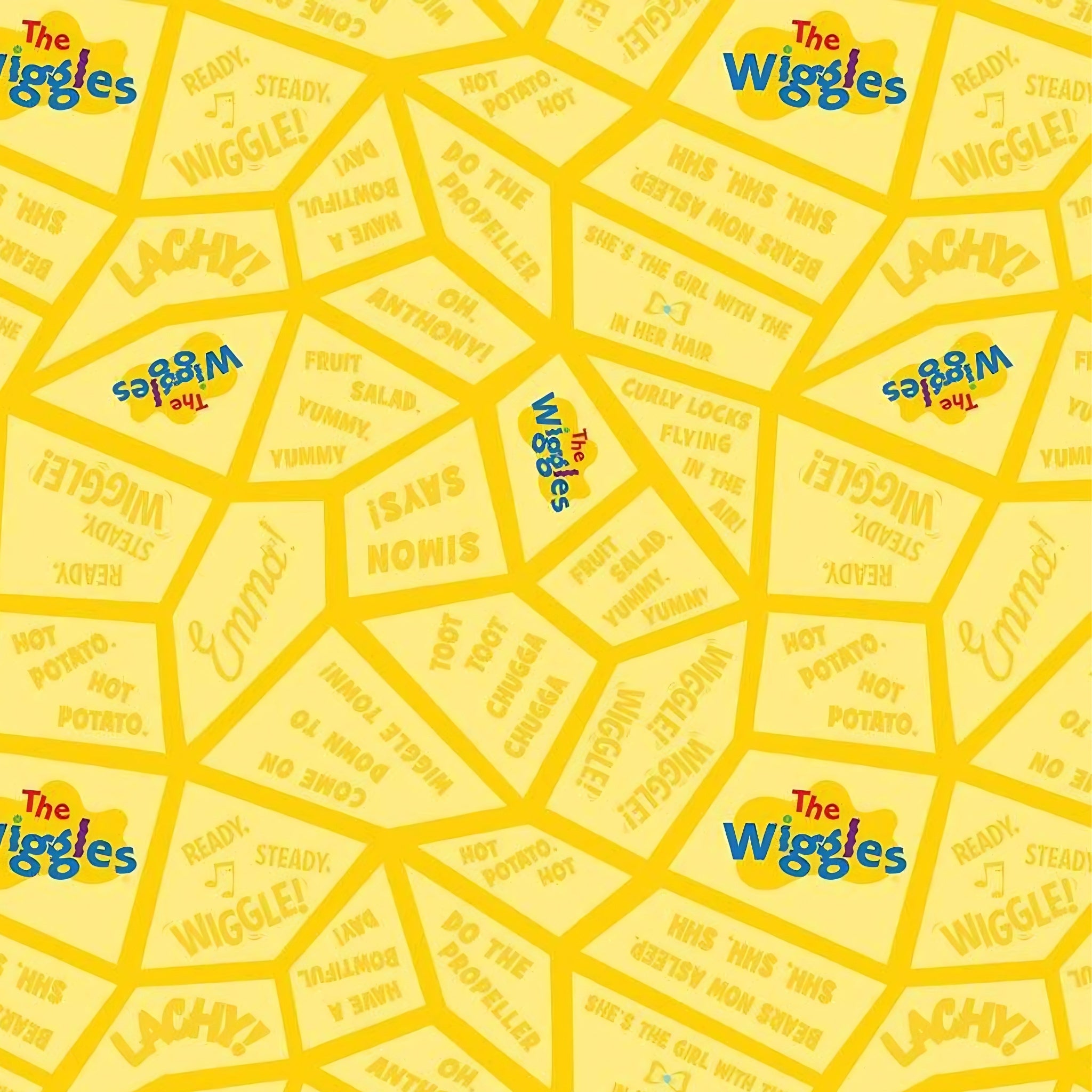 Wiggles song lyrics Fruit Salad Hot Potato Toot Toot Chugga Chugga tonal yellow novelty kids quilting fabric children's quilts quilt backing patchwork projects