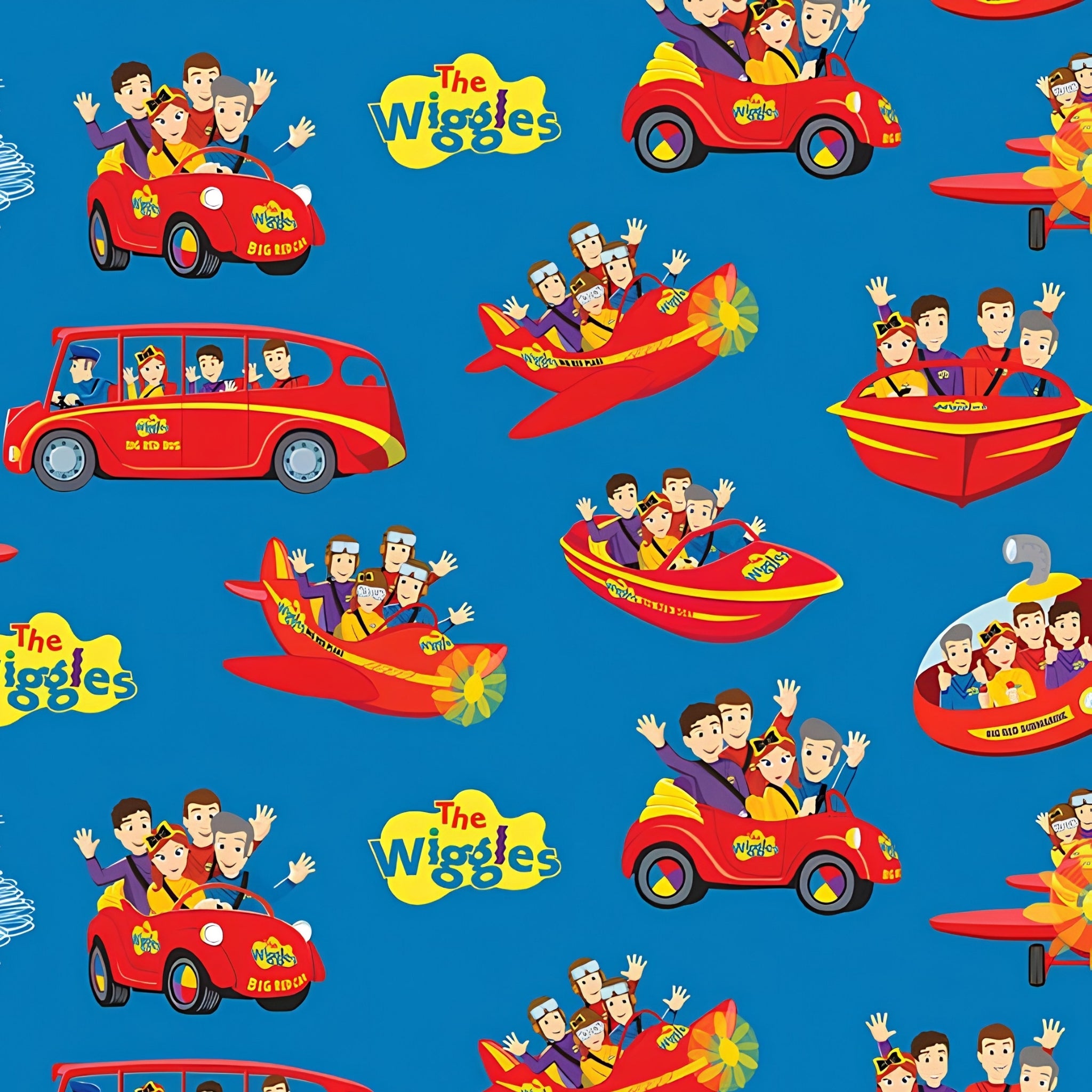 Wiggles Big Red Car Bus Boat Plane Submarine vehicles blue novelty kids quilting fabric children's quilts Wiggles gifts patchwork projects