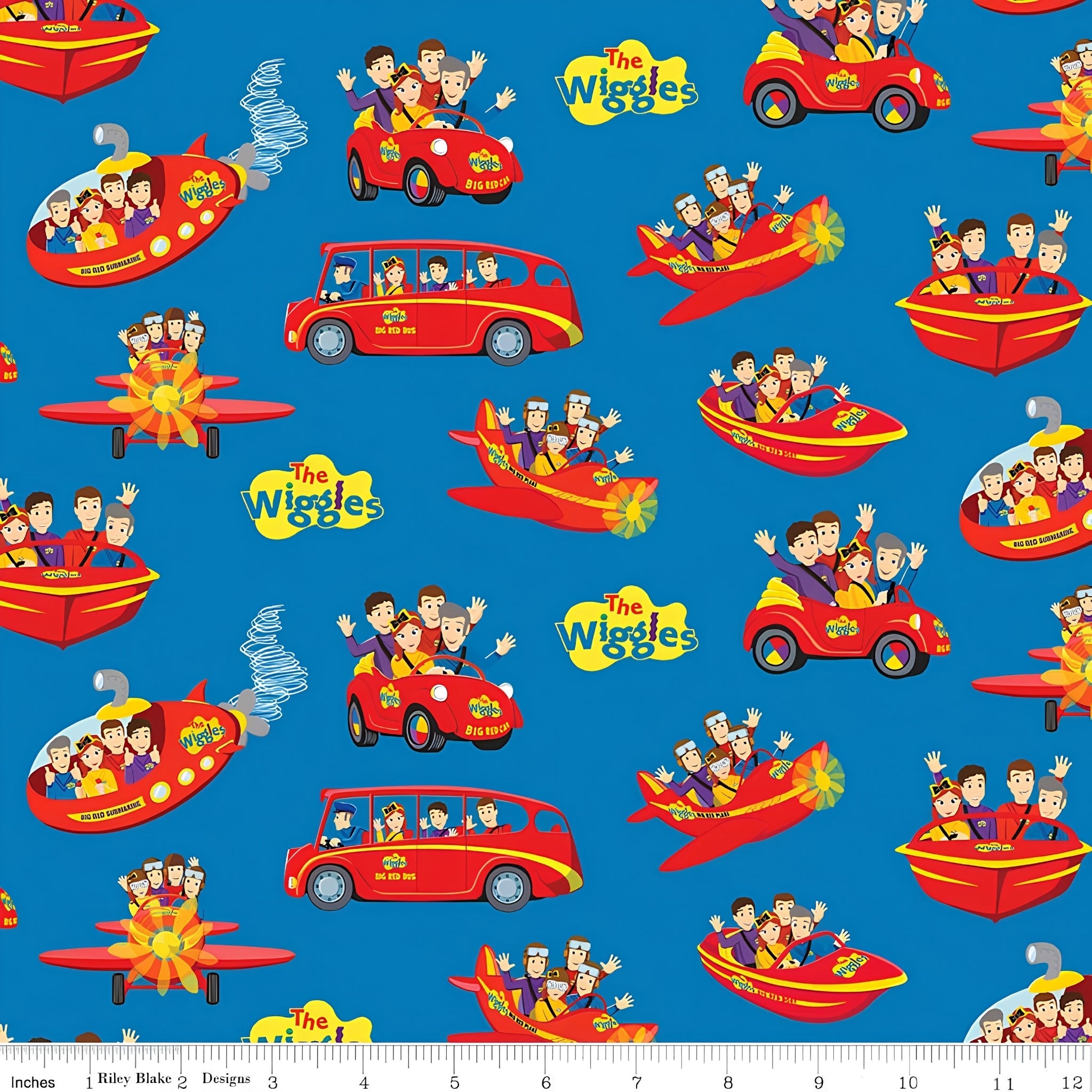 Wiggles Big Red Car Bus Boat Plane Submarine vehicles blue novelty kids quilting fabric children's quilts Wiggles gifts patchwork projects
