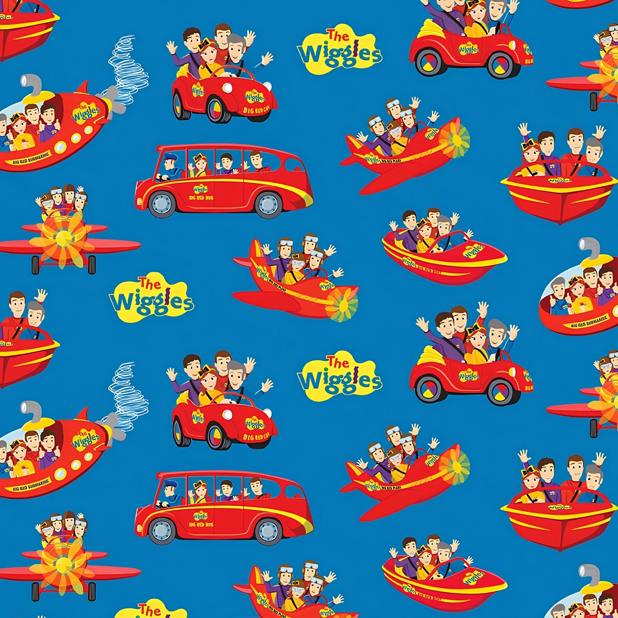 Wiggles Big Red Car Bus Boat Plane Submarine vehicles blue novelty kids quilting fabric children's quilts Wiggles gifts patchwork projects