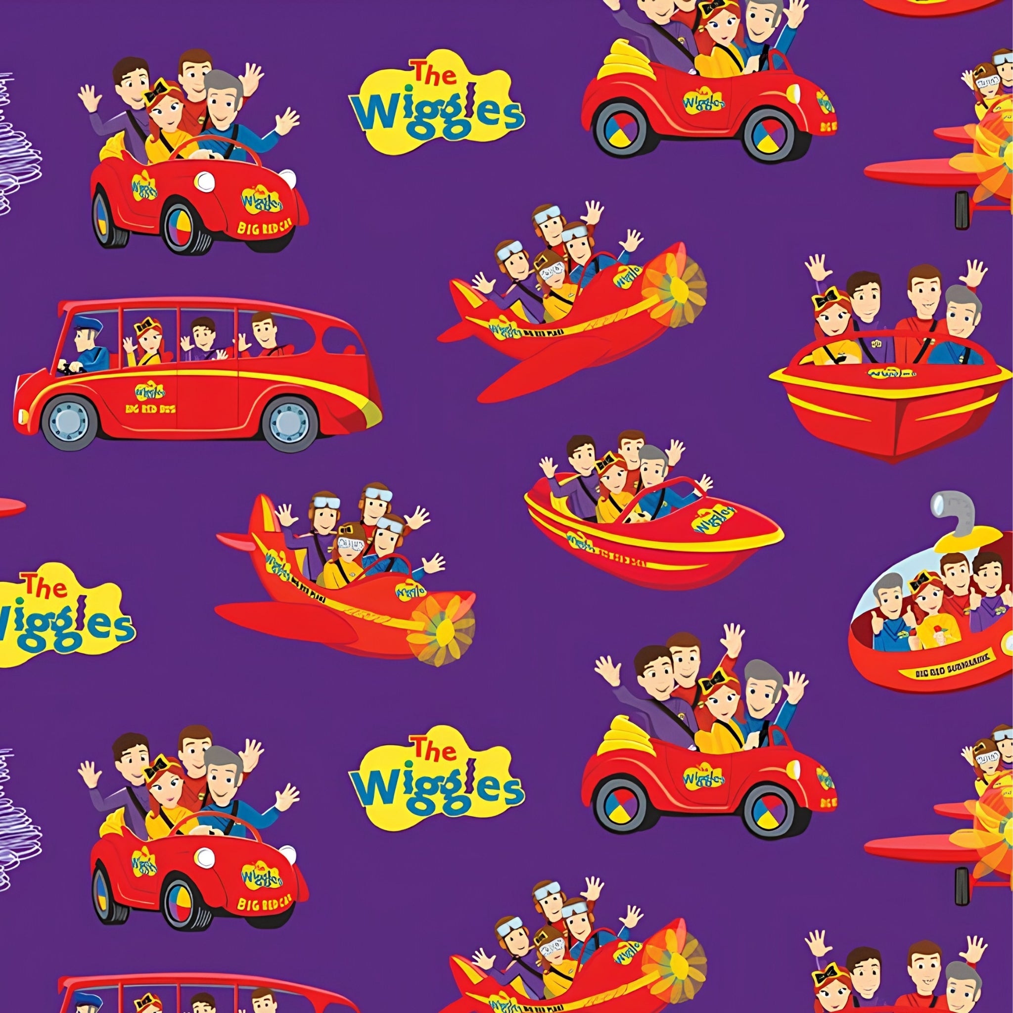 Wiggles Big Red Car Bus Boat Plane Submarine vehicles purple novelty kids quilting fabric children's quilts Wiggles gifts patchwork projects