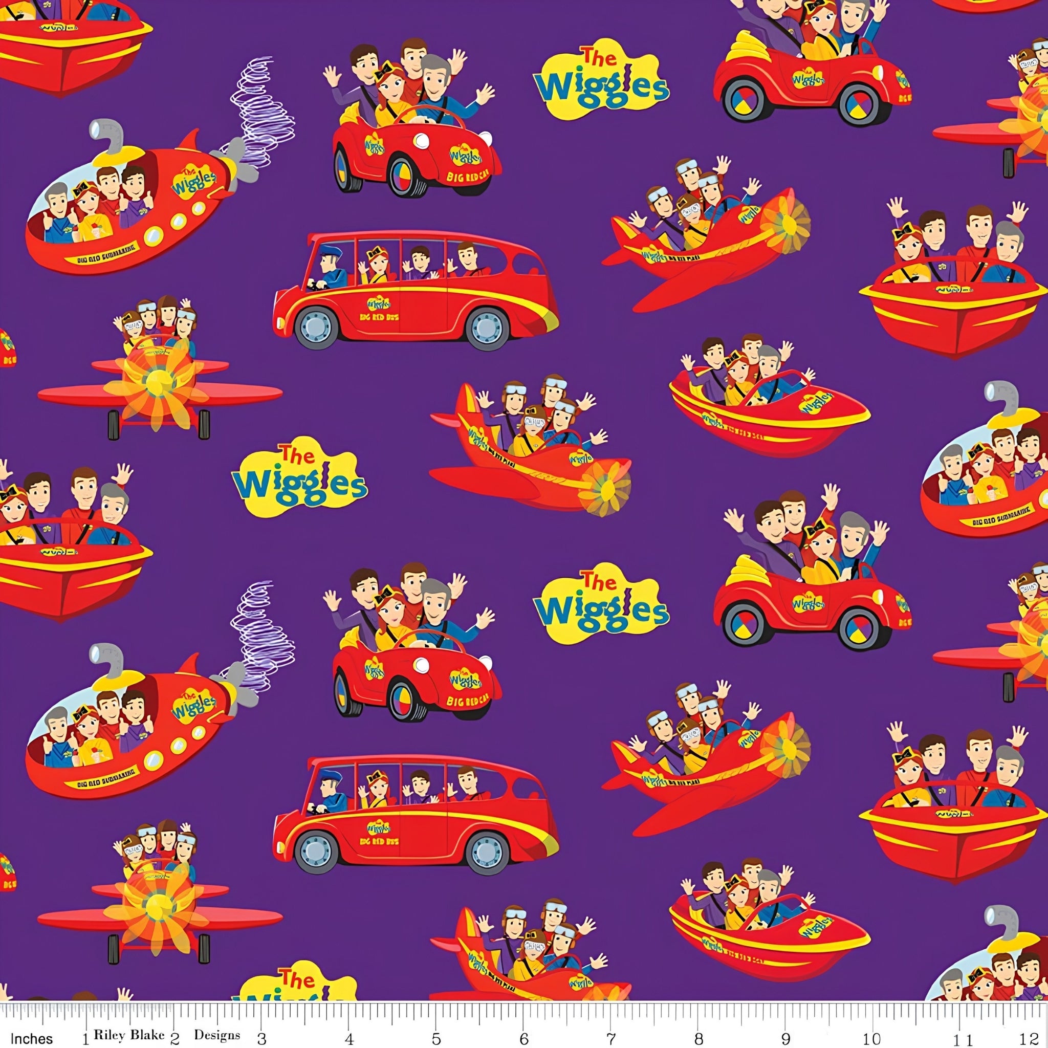 Wiggles Big Red Car Bus Boat Plane Submarine vehicles purple novelty kids quilting fabric children's quilts Wiggles gifts patchwork projects