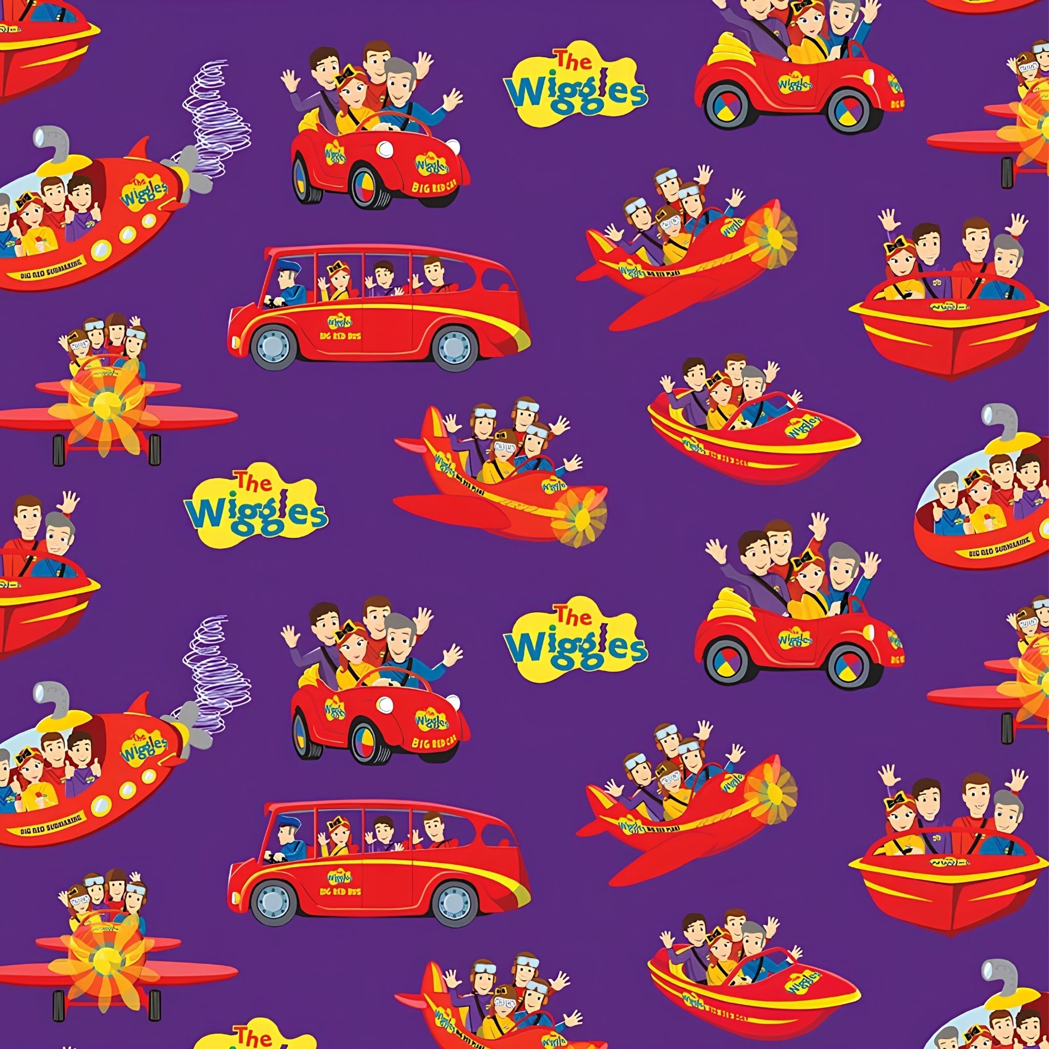 Wiggles Big Red Car Bus Boat Plane Submarine vehicles purple novelty kids quilting fabric children's quilts Wiggles gifts patchwork projects