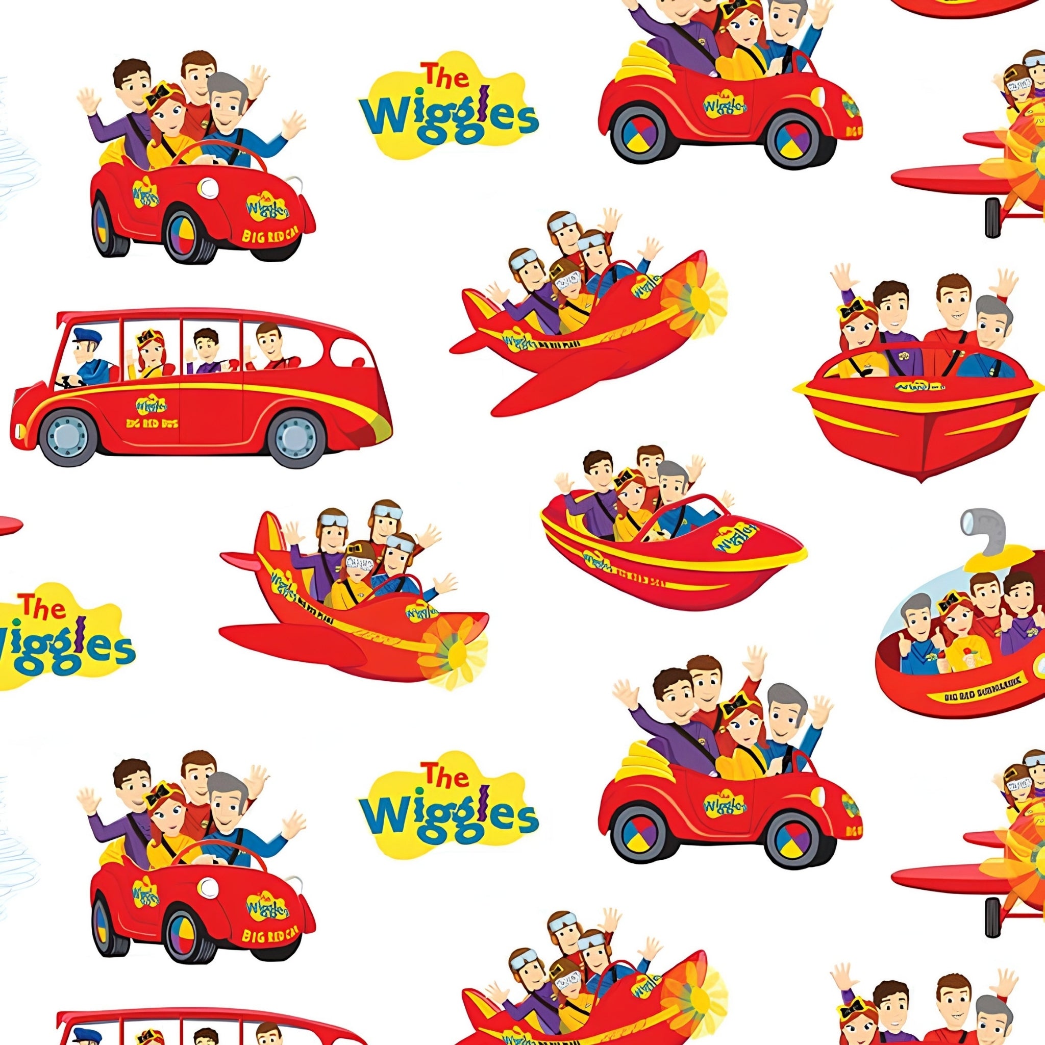 Wiggles Big Red Car Bus Boat Plane Submarine vehicles white novelty kids quilting fabric children's quilts Wiggles gifts patchwork projects