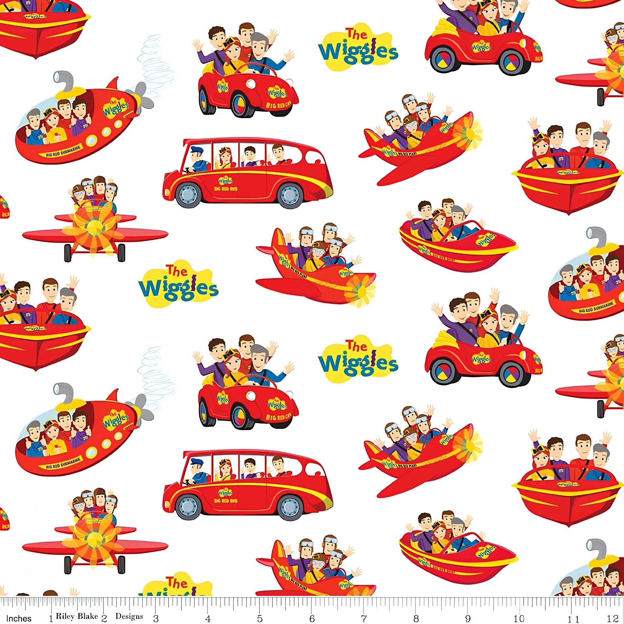 Wiggles Big Red Car Bus Boat Plane Submarine vehicles white novelty kids quilting fabric children's quilts Wiggles gifts patchwork projects