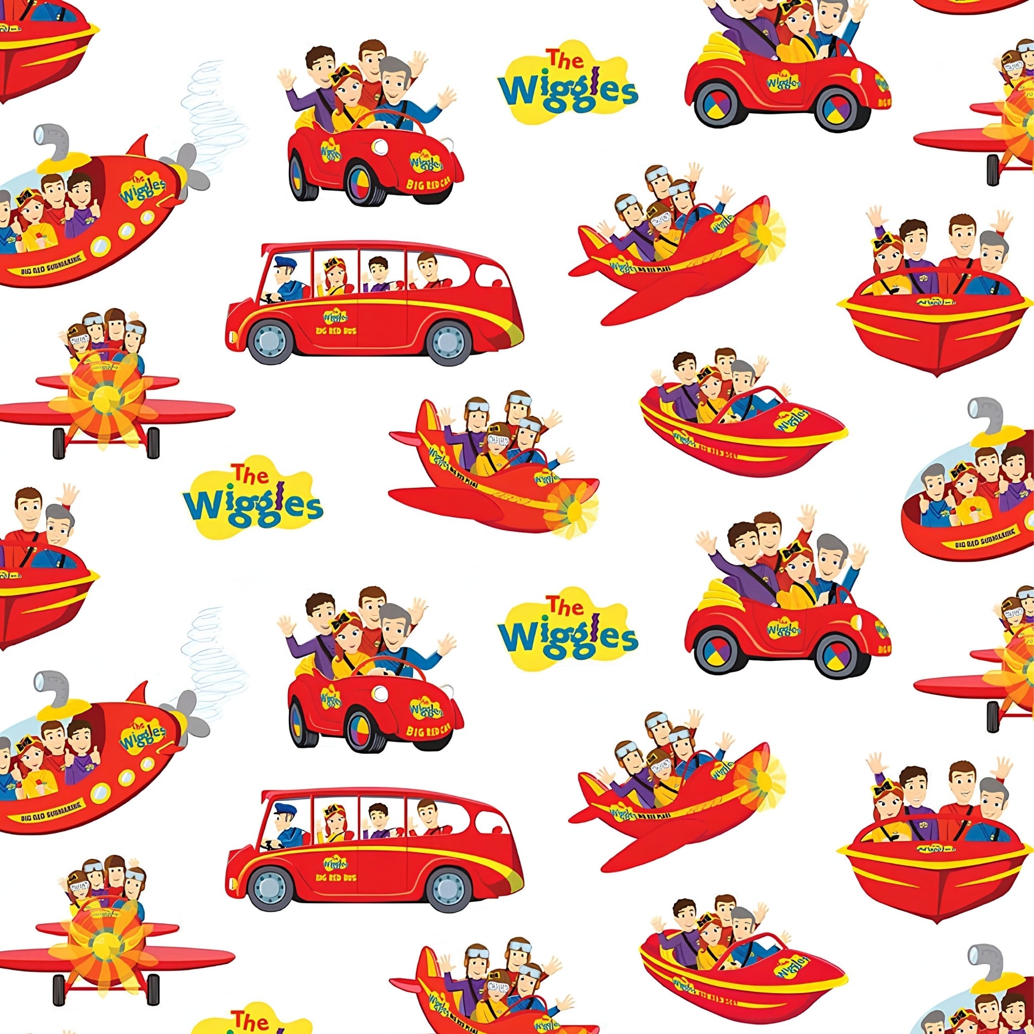 Wiggles Big Red Car Bus Boat Plane Submarine vehicles white novelty kids quilting fabric children's quilts Wiggles gifts patchwork projects