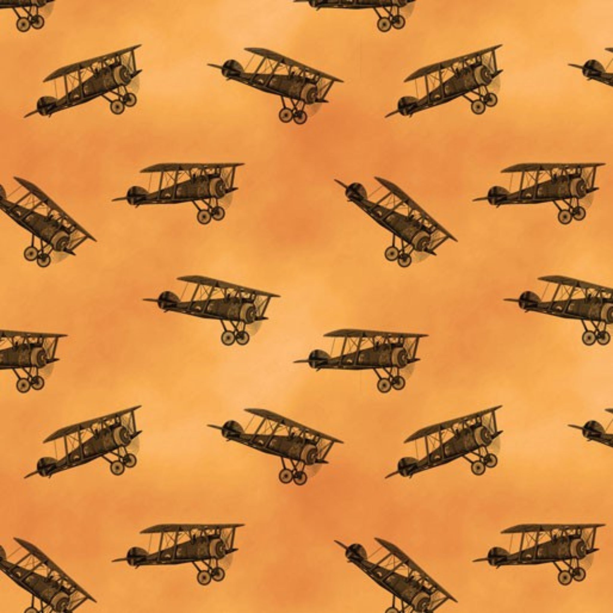 WWI biplane tossed scattered amber orange fabric for ANZAC military boys quilts aviation patchwork sewing projects