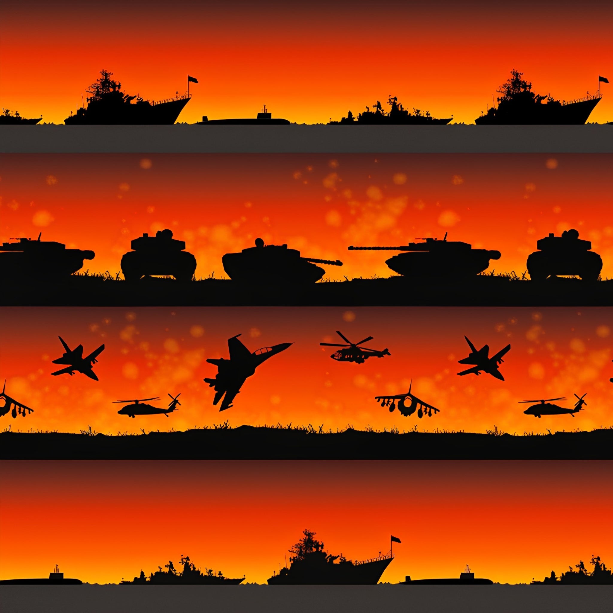 Military silhouette stripe warships tanks jets helicopters orange red fabric for ANZAC boys quilts patchwork sewing projects